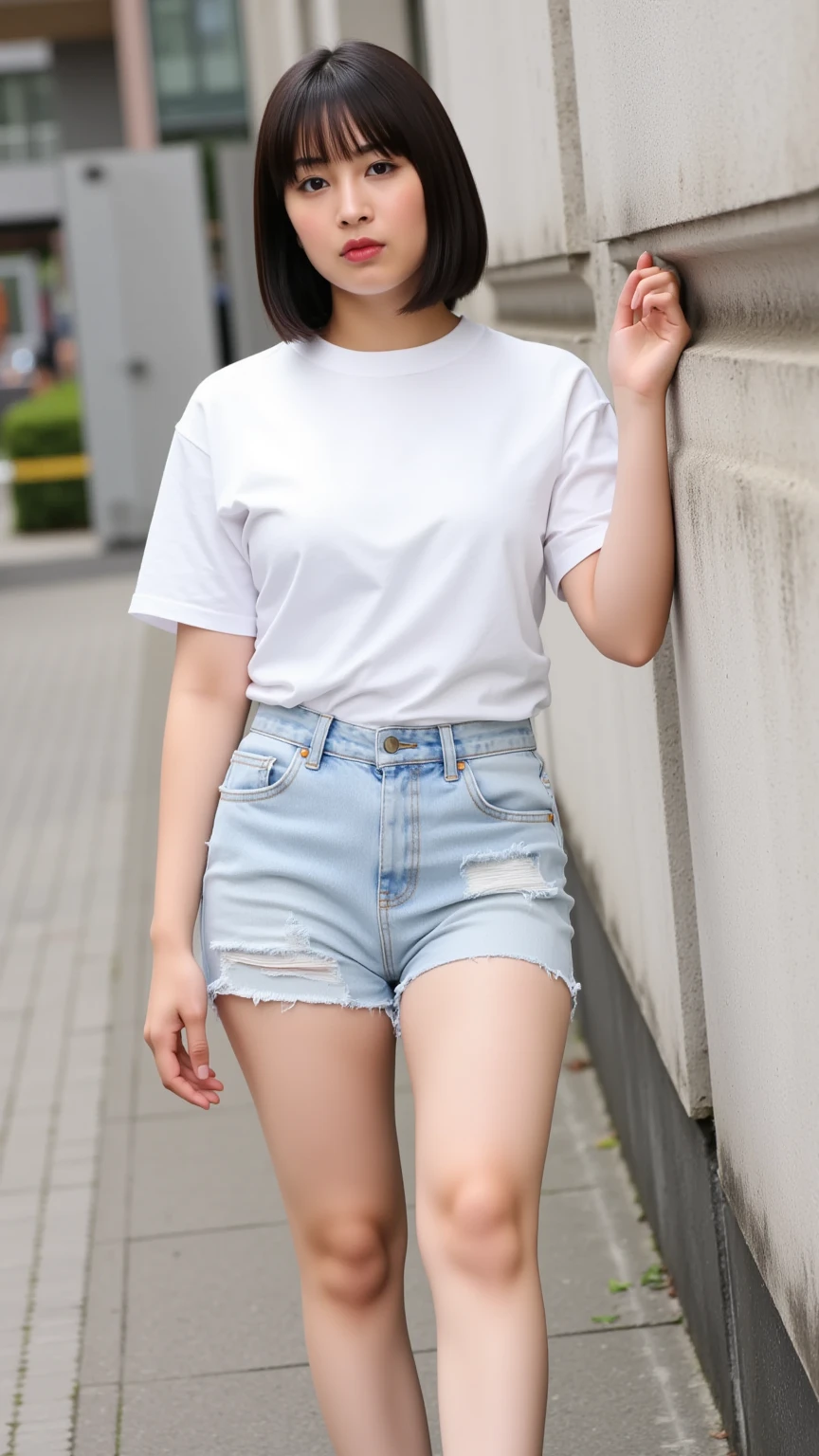1 boy, short black hair, blue eyes, wearing plain white shirt, denim shorts, city, absurdres, high res, ultrasharp, 8K, masterpiece, looking at viewer