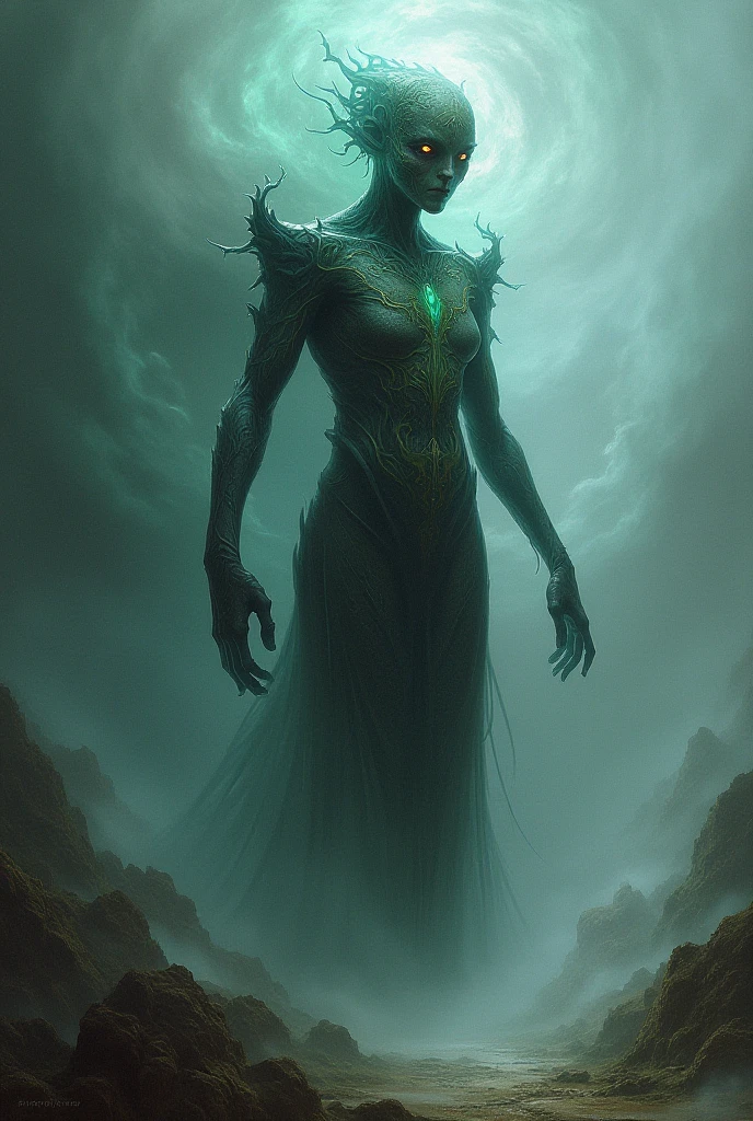 Cthulhu, The squid-headed alien god and the sprawling limbs of H . P. Lovecraft, venant envahir le monde humain, surrounded by a greenish mist coming from the stormy sea. Humans flee its presence. Overall view, ambiance froide dans les vert et bleue avec de la brume. Realistic Photography . capture dans le style photographique d'Alexandria Ramon, master piece, Photo brute, beste-Qualit, ultime photographic, Ultra-detailed, 16k, extremly detailed.
