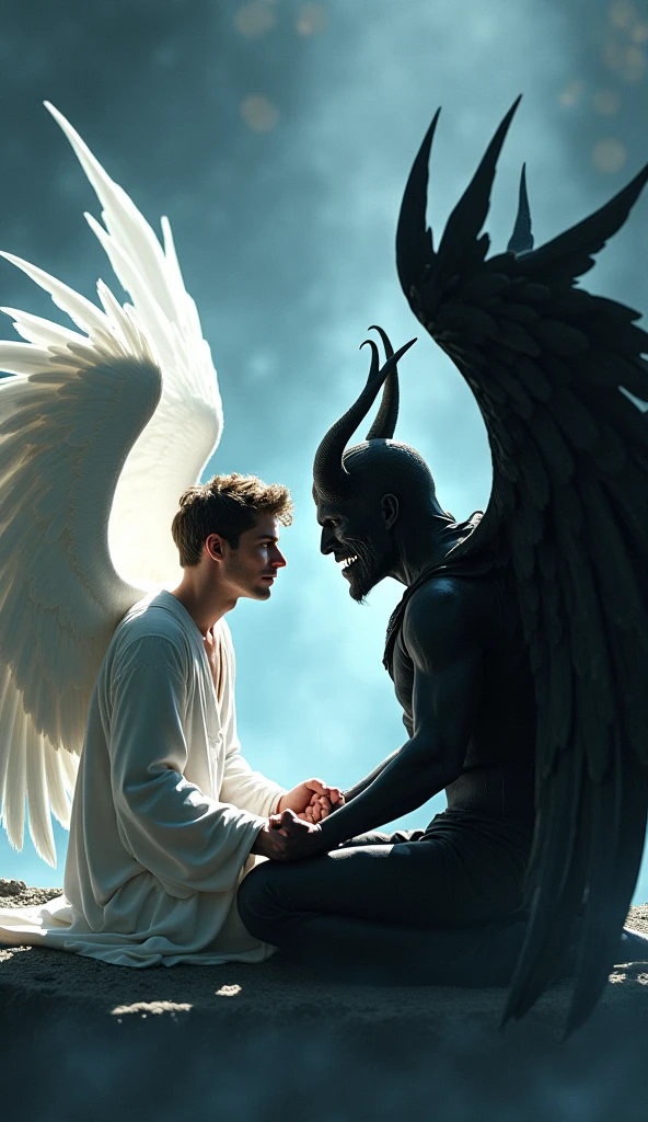 An male angel with white wings and blue eyes holding the hand of a demon with red eyes and a body like black mist