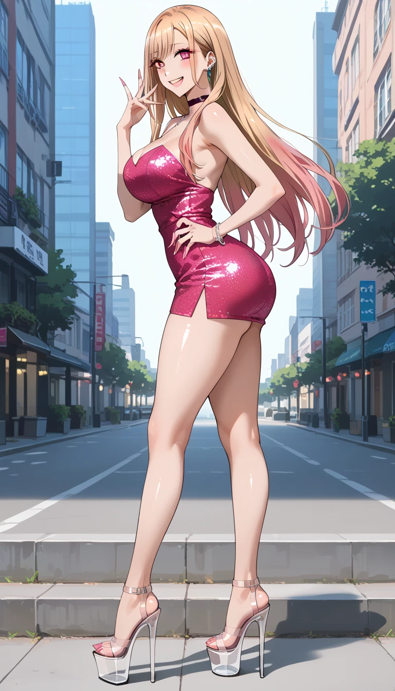 1 girl, 19 years old, Long pink hair, green eyes with slit pupils, master-piece, best quality, (standing up), (pink dress), (short pink dress, pink heels, cleavage), (Big , ultra gigantic , Super super big, Glamorous body), Make eye contact with the camera, front figure, looking forward, (light_Smile:1.5), (Detailed hands and fingers:1.2) (Cyberpunk City), (FULL BODYSHOT), thighs thighs thighs thighs、beauty legs、