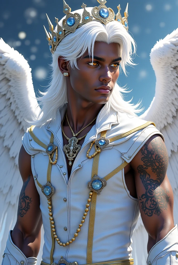 Black muscular boy with blue eyes, white hair and wings