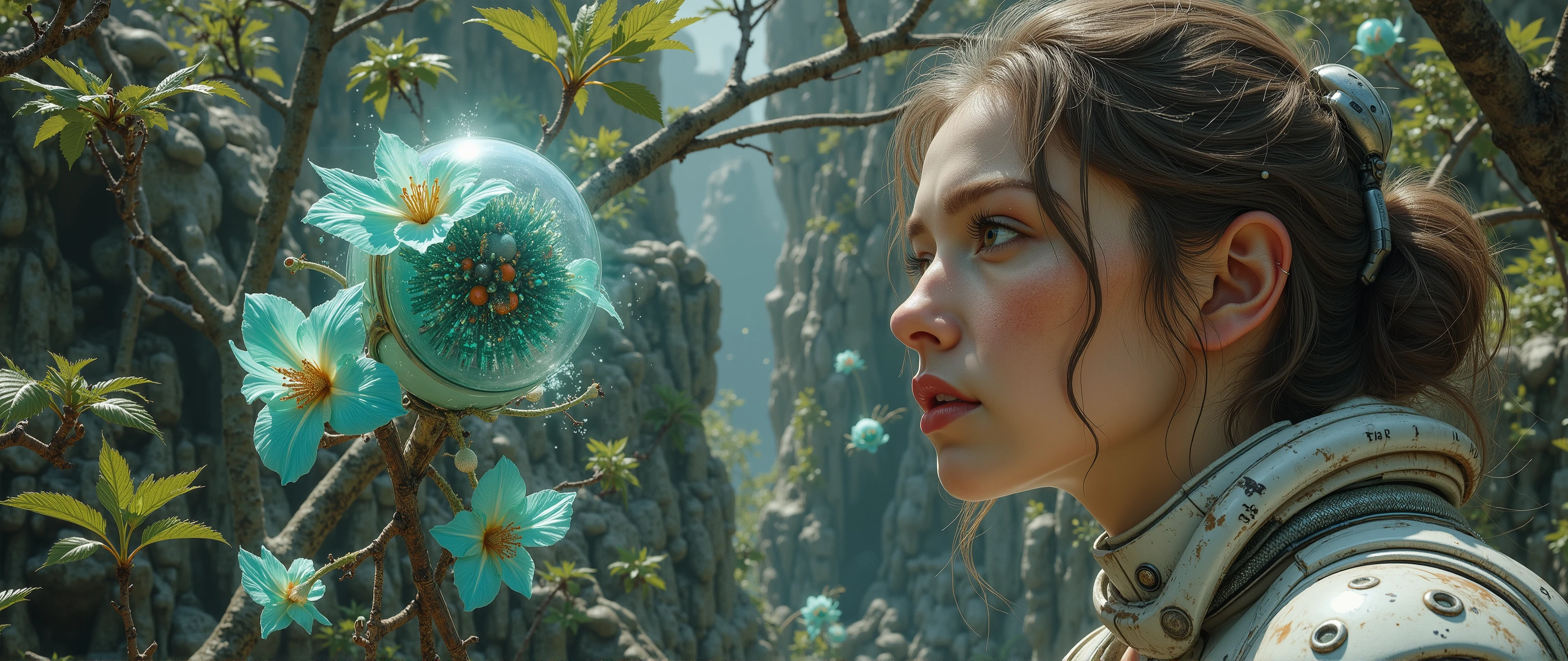 epic oil painting , 16 thousand., photo quality, The fantasy zone , science fiction, close-up portrait of a girl dressed in cybernetic armor with reinforced armor plates and protective paint with tactical numbers and the emblem of the mechanized division, an elegant and fragile naked girl looks at an alien futuristic flower of incredible beauty hanging in clusters from tree branches and of a completely unusual shape with iridescent turquoise flowers , dangerous mangrove planet with mangrove swamps , a dangerous marsh planet with springs flowing through rocks and small picturesque waterfalls, Orion constellation universe, with a scrupulous drawing of all the small details, detailing with thousands of small details , epic oil painting , close-up portrait of a girl sniffing a flower, ,