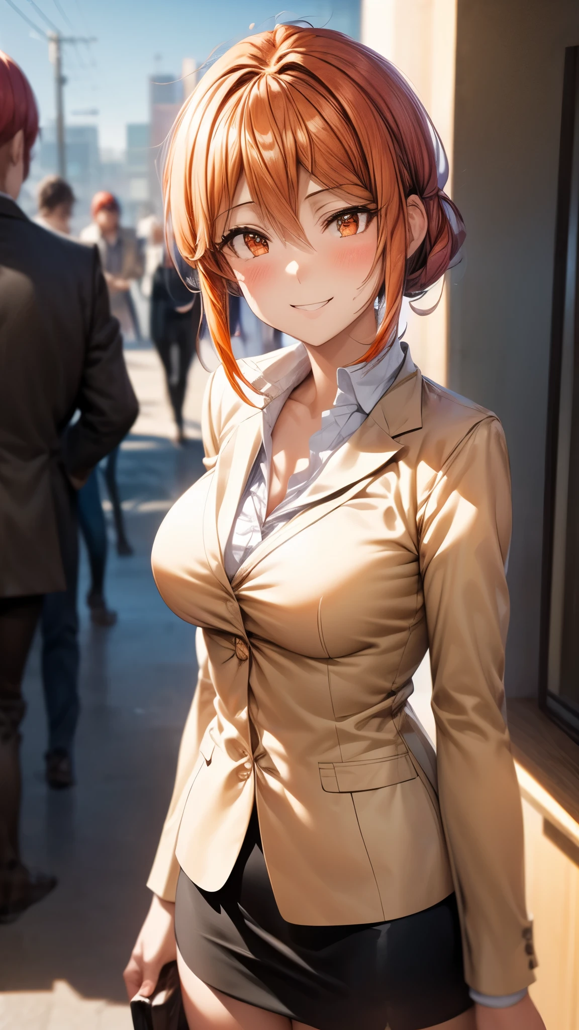 (Ultra High Quality,ultra high definition,16k,Super Masterpiece,Ultra HD ,detailed shading and background,)Photographing the upper body,Sexy Wife,Orange hair put together,sexy white long sleeve shirt, black blazer ,lattice pattern mini skirt,blushes,smile,living,