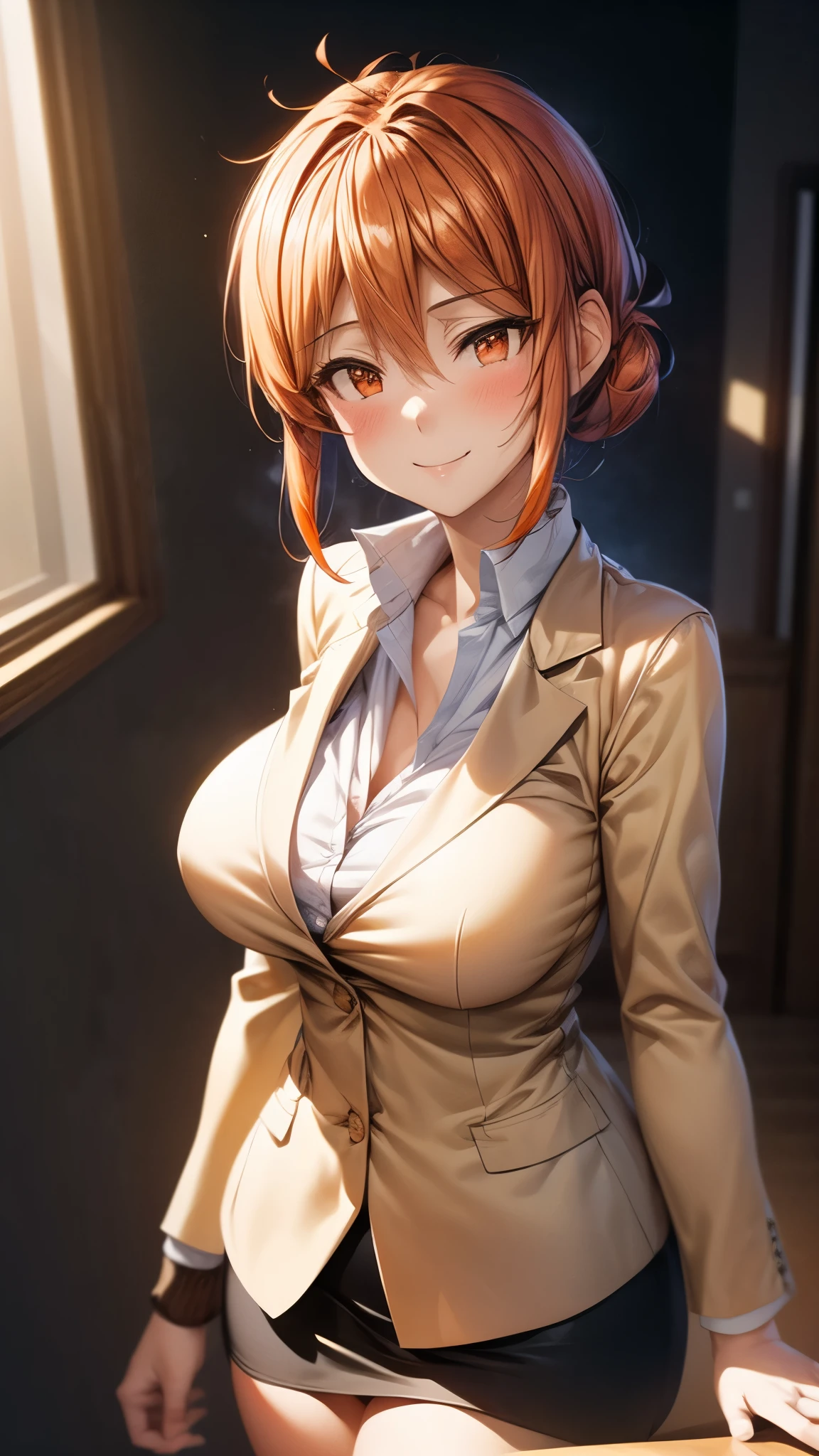 (Ultra High Quality,ultra high definition,16k,Super Masterpiece,Ultra HD ,detailed shading and background,)Photographing the upper body,Sexy Wife,Orange hair put together,sexy white long sleeve shirt, black blazer ,lattice pattern mini skirt,blushes,smile,living,