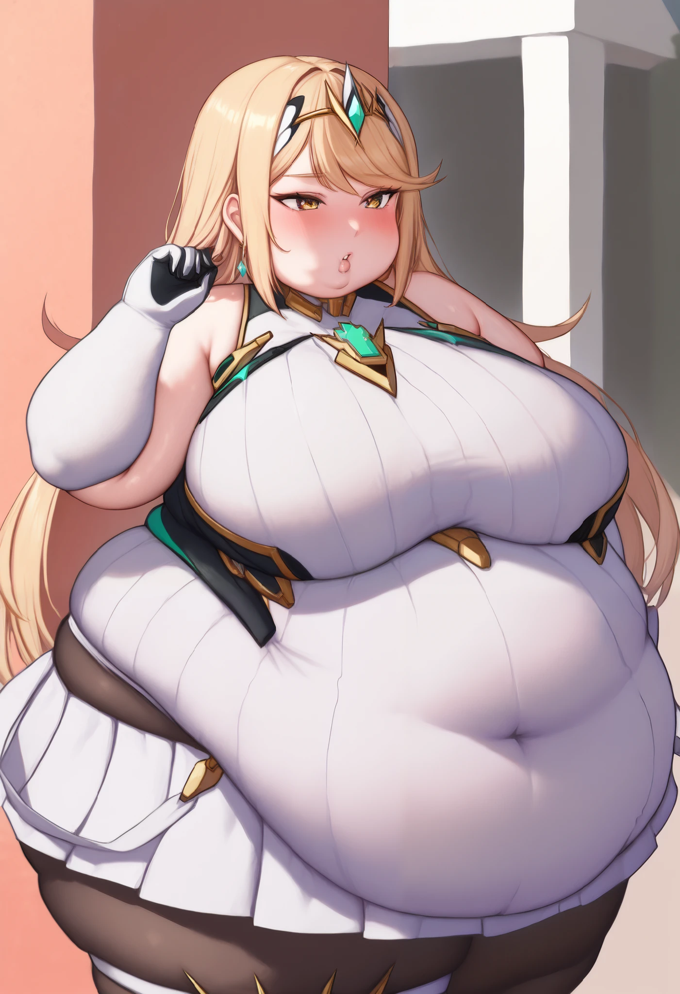 (One girl),(short hair),(sidelock),(Blonde),(hair intakes)+,(Princess Connect)+,(huge breasts),(plump)+,(beautiful girl)+,[Big thighs],(slant eyes),pink eye,(Futanari),(boyish),(Priest),Succubus,pink leotard,(thigh-high socks thighhighs),(long gloves),say,(Erotic squatting),see-through ,(White Background:1.5),