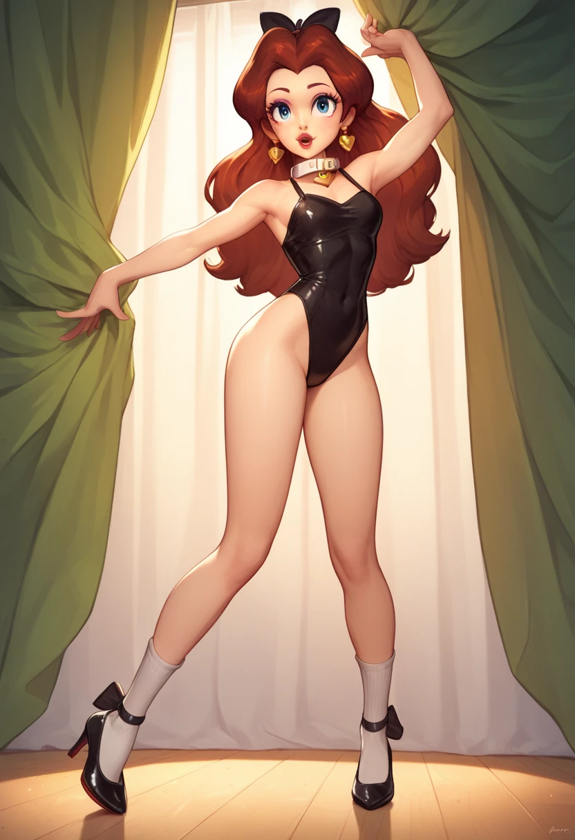 (masterpiece), (best quality), finger_one piece, 1 woman, alone, long hair, chest, large chest, Gloves, split, green eyes, blue hair, whole body, pants, high heel, assembly, lipstick, revealing clothes, Curly hair, hands on hips
