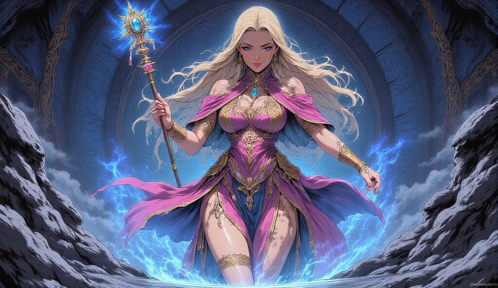a sorceress, Mysterious magical powers, magic scenes, Staff shining with light, Purple robe, Unique headdress, Stunning spell effects。,eye glass