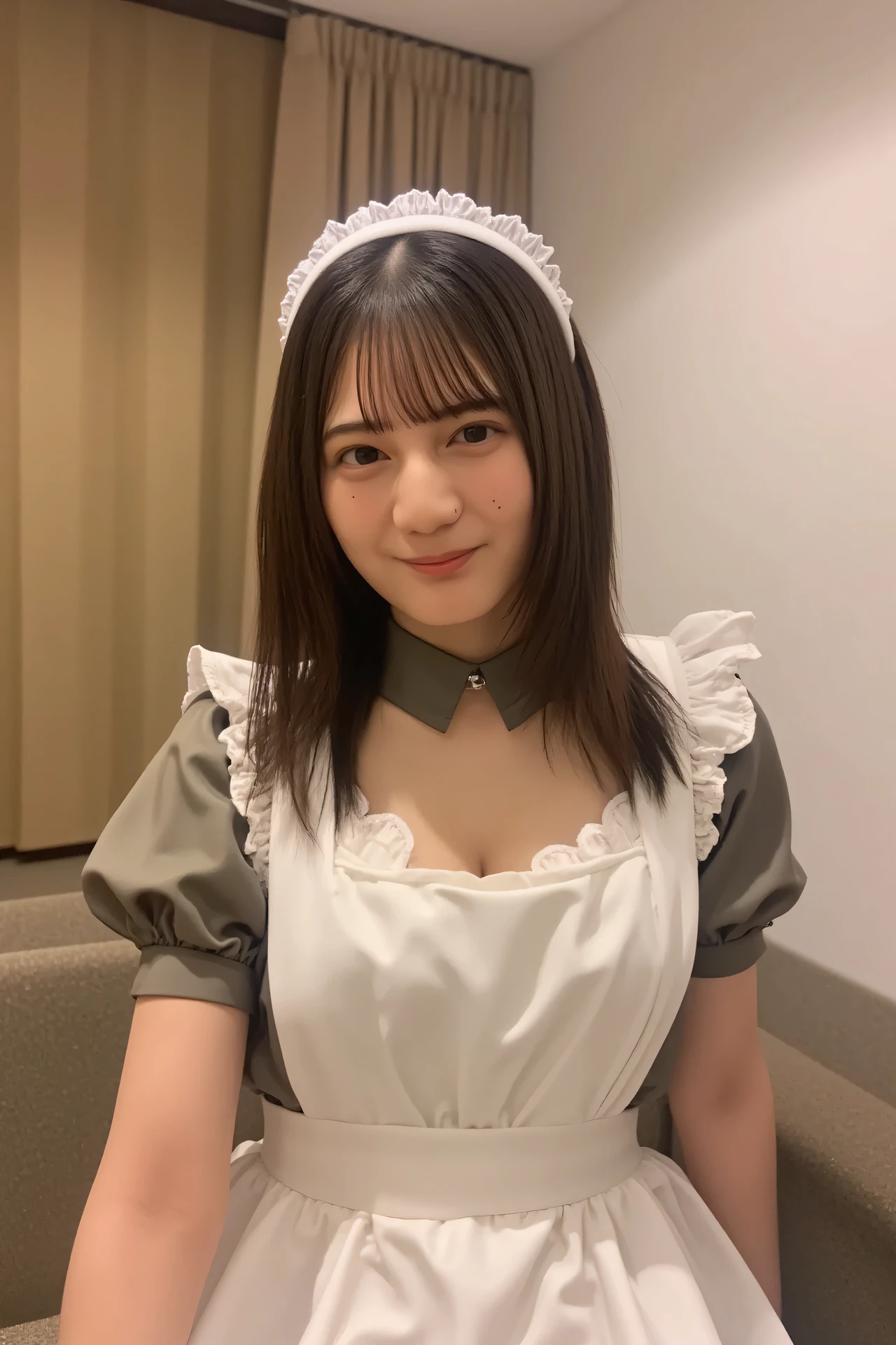 ((( High Resolution , top quality, very well detailed, masterpiece , highly detailed photos , realistic , Real people々 , Ultra precise skin ))) , At a restaurant , ( from the front ) , full body , advanced shot by hotel , Viewer , ( smile ) , { , they stand and lean forward : 1.8 } , black hair , medium hair , medium breasts , focus on your face and chest , (( I'm wearing maid clothes with an open chest : 1.8)) , { nsfw } , evening