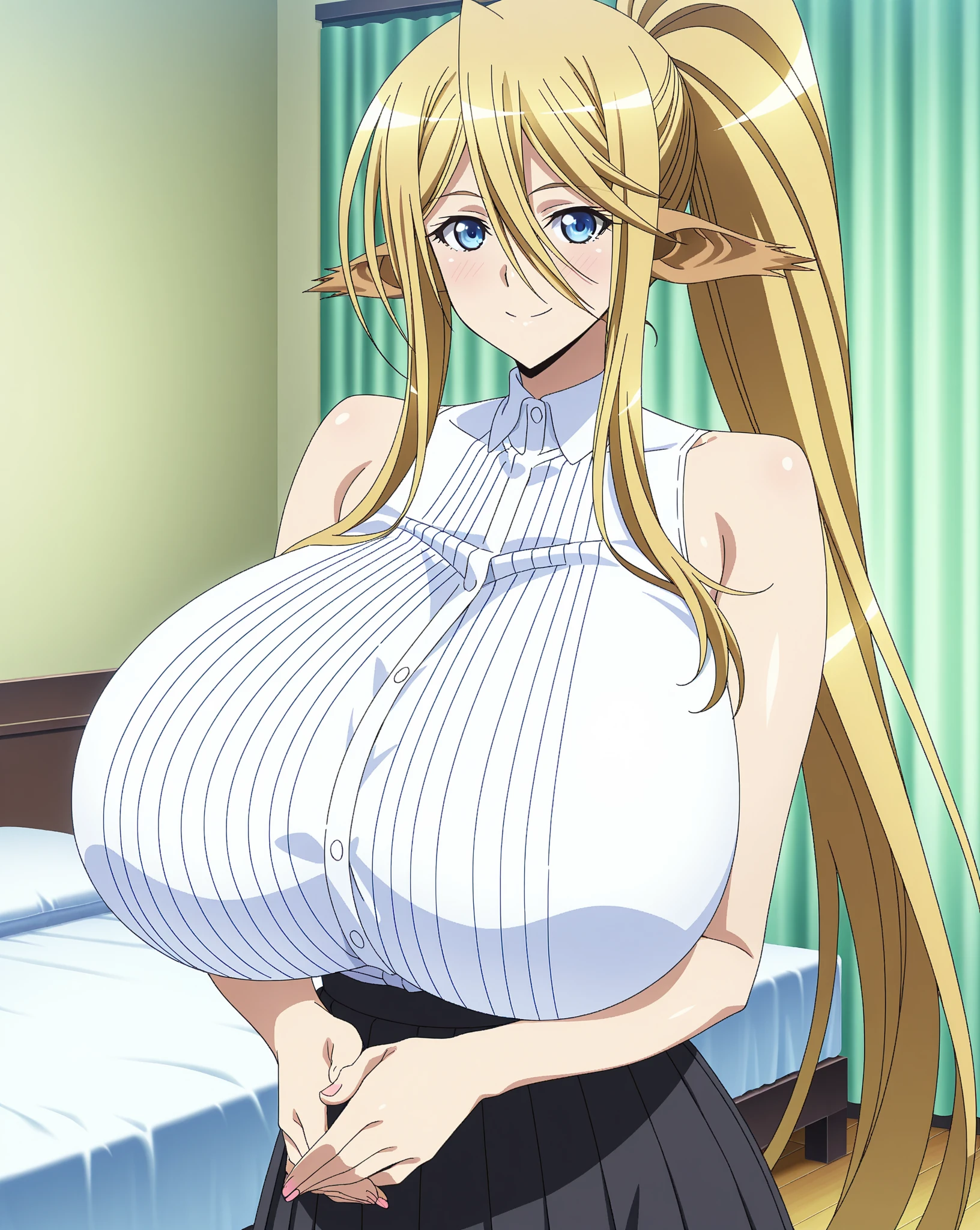 An anime-style artwork depicting celestine lucullus from the game kuroinu.

Tags: celestine lucullus, anime, detailed eyes, detailed lips, blonde hair, white dress, smiling expression, intense gaze, glowing emblem on hand, dynamic pose, mystical background, vibrant colors, digital art, high-resolution, professional quality, gigantic breasts, cleavage, huge tits, fullbody.