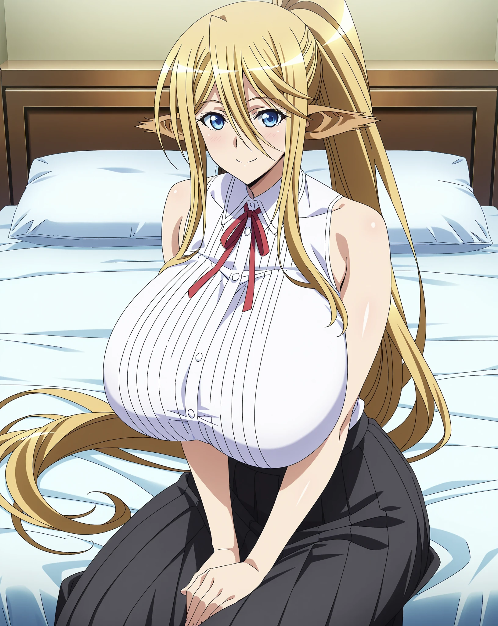 score_9, score_8_up, score_7_up, source_anime, rating_explicit, uncensored,masterpiece,best quality, source_anime, anime screencap, megami magazine, BREAK, shizuka marikawa, huge breasts, long hair, blonde hair, very long hair, low-tied long hair, yellow eyes, hair between eyes, skirt, shirt, long sleeves, ribbon, white shirt, frills, centered frills,