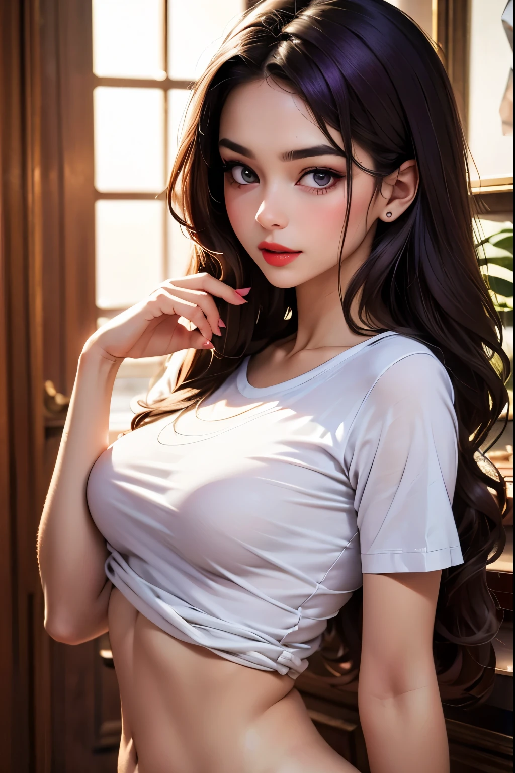 long wavy hair, fringe, piel blanca, honey eyes, bump nose, red lips , detailed face, seductive look t-shirt, short lilac t-shirt, Naked abdomen,