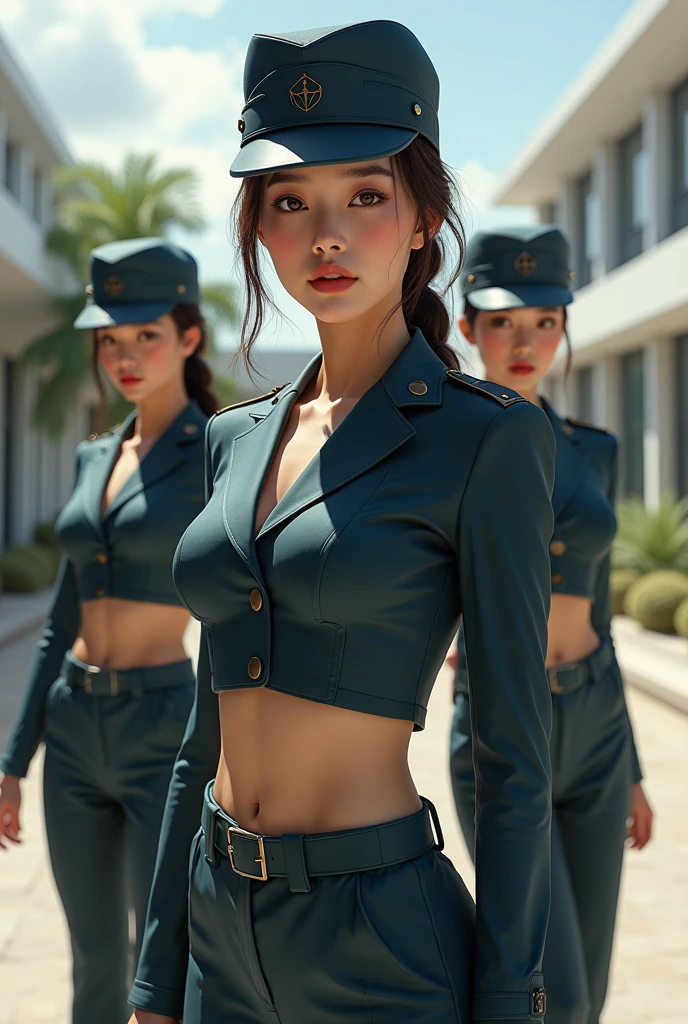 ((Three Women in short crop top soldier uniform)), soldier hat, military Shirt brooch, cargo pants, navel, 