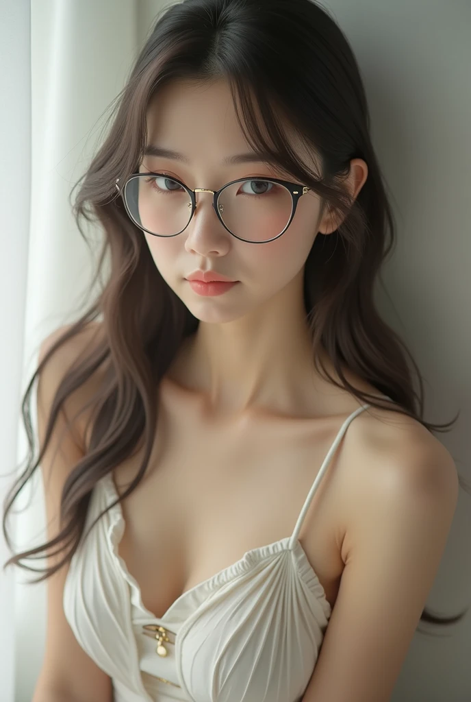 (8K、RAW Photos、Photorealsitic:1.25)、(lipgloss、best qualtiy、超A high resolution、depth of fields、chromatic abberation、Caustics、Wide range of lighting、Natural Shading、Kpop Idle) The viewer looks calm and goddess-like with a sense of happiness、masterpiece、masterpiece、top-quality、top-quality、realisitic、(Original: 1.2)、(realisitic: 1.4)、ultra-detailliert、hight resolution、ultra-detailliert,magnifica, Pony tail、Sitting at a desk、study、(eye glasses)、((Suits))、cleavage of the breast、breastsout、A smile、finely detail, (1girl in:1.4 ),Brown hair、straight haired、 (real looking skin:1.2), (light brown-skinned:1.2), Beautiful Girl Beautiful Details、extremely detailed eye and face、profile、(ighly detailed) 1womanl、Beautiful woman、Woman with good style、slender and balanced body、 de pele branca、slick skin、smooth legs、Smooth hands、Smooth fingers、Beautiful and well-groomed face、light skinned、beautidful eyes、(Detailed black eyes)、Beautiful mouth、(a closed mouth)、Pink lips、Brown hair、No hair ornament、 medium breasts、Soft udder