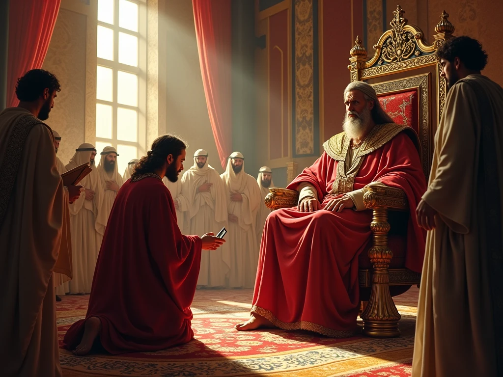 Biblical character Joseph speaking to Pharaoh