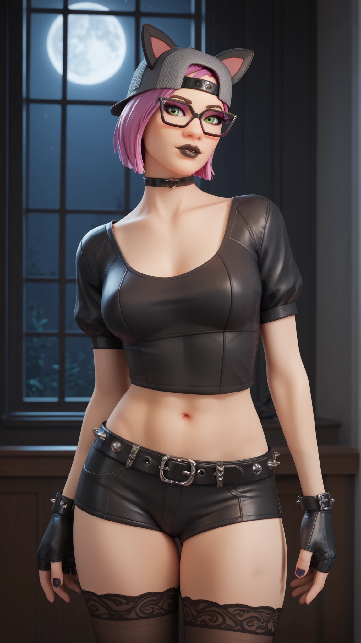 girl (masterpiece) spiked belt, choker, black lips, black and gray cap, gray and black cat ears, fingerless gloves, evening (alone), gothic room, window, moon with dark sky, violet light, beautiful green eyes, short pink hair, glasses, standing, dynamic pose