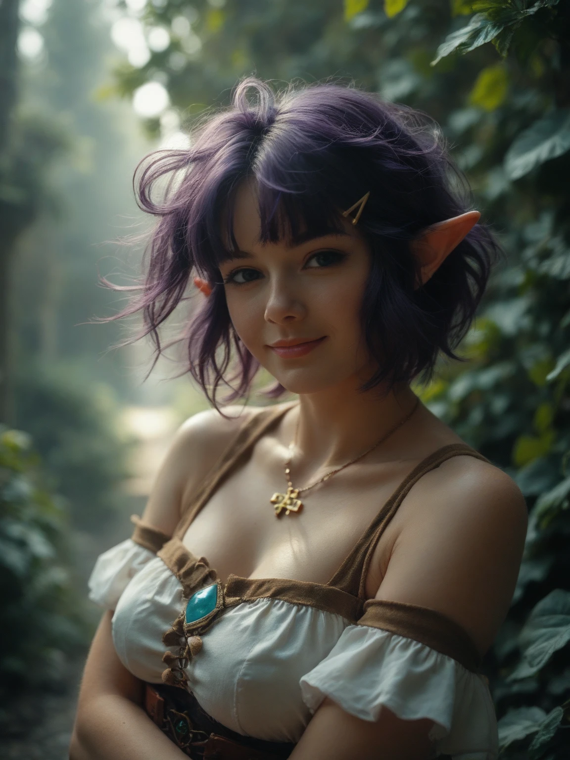 analog film photo, photo of a young elven girl, 18 years old, elf ears, violet eyes, curly brunette pixie cut, sun-tanned complexion, olive skintone, Amazonian stature, voluptuous hourglass figure, busty bosom, narrow waist, full hips, big plump buttocks, wearing elven undergarments, strolling through a sunny fantasy landscape, RAW Photograph, dslr, soft lighting, high quality, film grain, Fujifilm XT3, detailed skin with visible pores, insane details, masterpiece, 8k, 35mm photograph, dslr, kodachrome, faded film, desaturated, grainy, vintage, Lomography, stained, highly detailed, found footage, close-up shot, elven ears