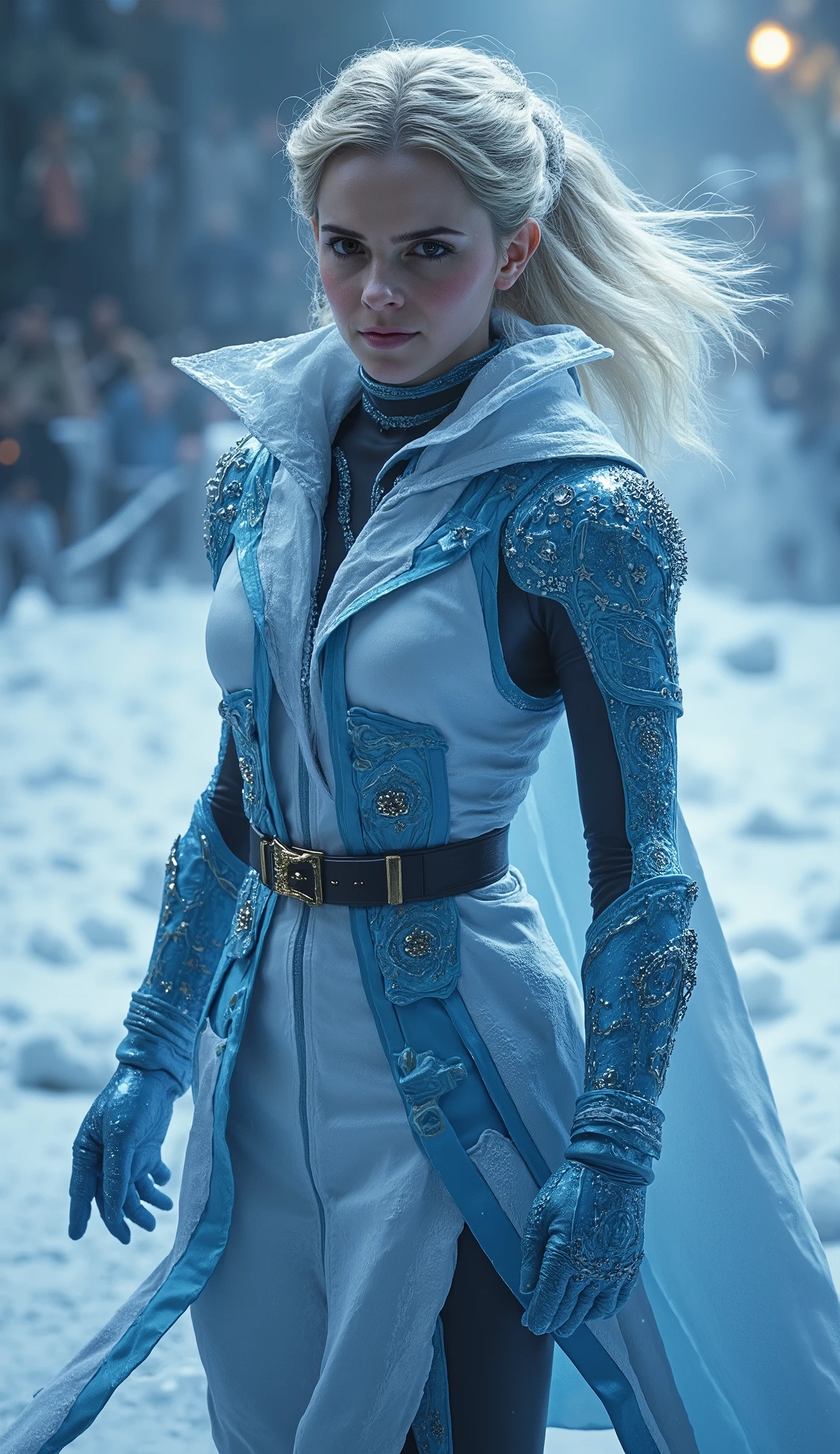   Emma Watson takes on the role of Frost in an elegant reinterpretation and Ferocious from the rebel apprentice from Sub-Zero.  Wearing metallic blue armor with crystalline details ,  she exudes a cold and determined presence ,  symbolizing her obsession with perfection and the power of ice . your white hair,  stylized in a bold and futuristic cut ,  shine under the light ,  reflecting her ruthless and ambitious nature .  Her icy blue eyes convey a keen intelligence and an unwavering will , While your hands,  covered by advanced technology gloves ,  shines with cryokinetic energy .   With a simple gesture  , she freezes the air around her  ,  forming sharp ice blades and pointed stakes ,  ready to decimate any opponent .  Emma embodies Frost's impetuous personality perfectly — a talented and arrogant warrior ,  determined to prove that she is superior to even the Sub-Zero Grandmaster .   Each movement is agile and calculated  ,  combining fluidity of the martial arts with brutal and precise attacks ,  capable of freezing an enemy to the bone .   With a cold and challenging smile  ,  Emma Watson as Frost represents the fusion between intellect and brutality ,  bringing a new rival Lin Kuei's letter . ensuring a cinematic and immersive result! 8k, rendered in Unreal Engine 5 realistic background Ultra-detailed textures, cinematographic lighting, resolução 8k, photorealism and dramatic atmosphere."
