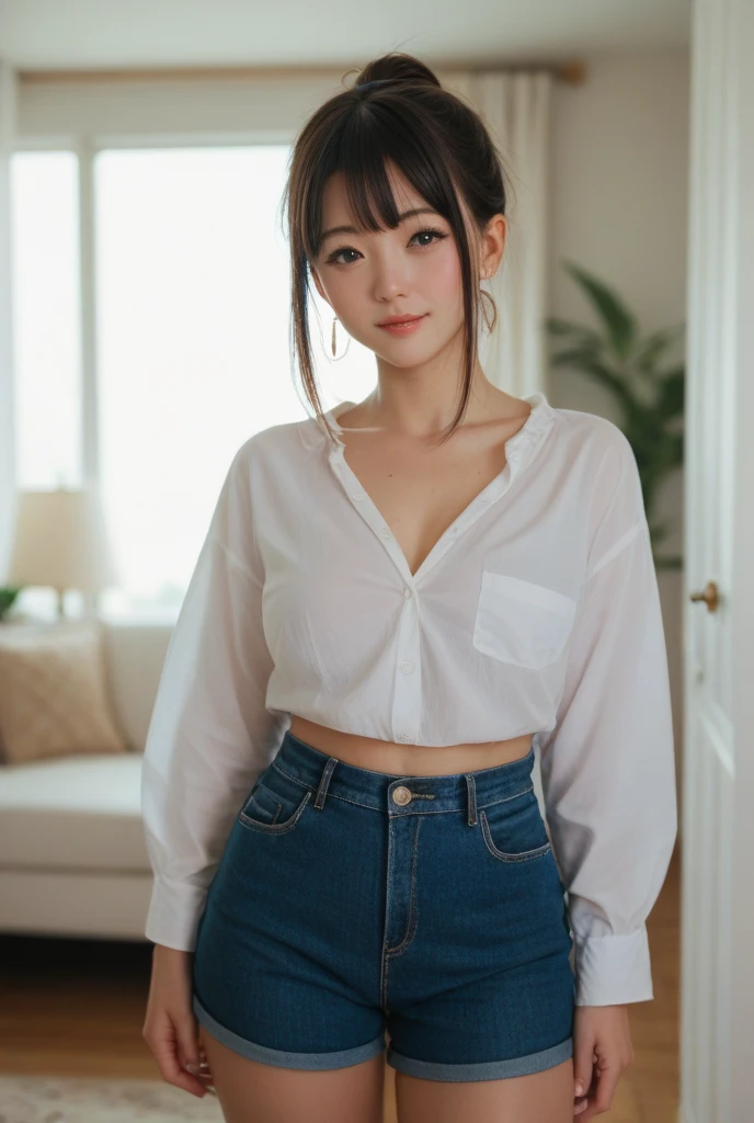 1girl, ((shirt lift)), bag, bangs, standing, black eyes, shiny skin, light smile, masterpiece, best quality, ultra quality, high quality, realistic, photo realistic, RAW photo, hyper detailed, intricate detailed, film grain, department store, multiple girls,