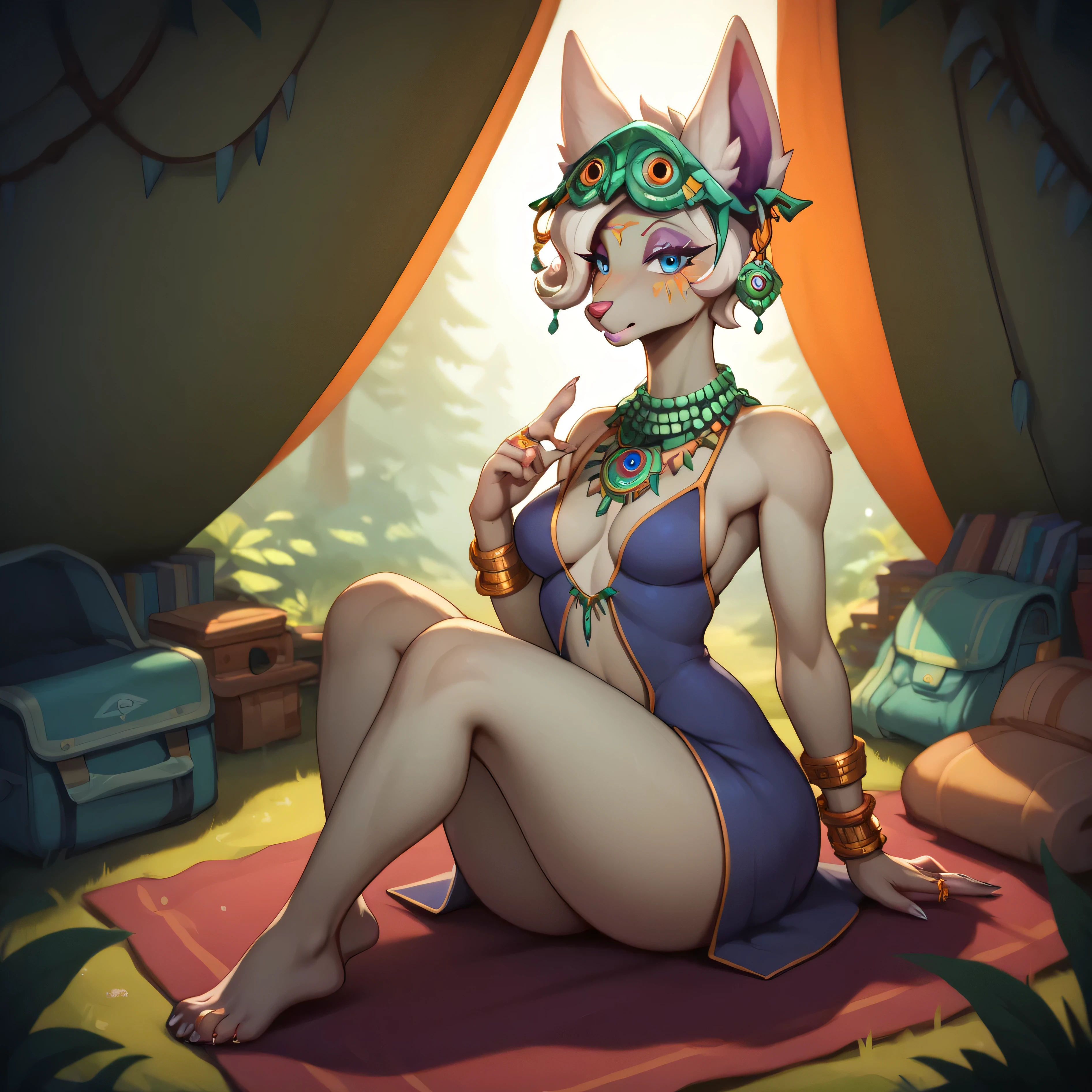 masterpiece, best quality, detailed body, detailed eyes, score_9, score_8_up, score_7_up, 1girl, full body view, sitting, looking at viewer, third eye, blushing, stammering, shocked, forest camp site, inside tent, Mineru, jewelry, animal ears, necklace, grey skin, short hair, white hair, earrings, blue eyes, furry, furry female, facial mark, ring, fingernails, earrings, bracelet, half-closed eyes, tall woman, skimpy dress,