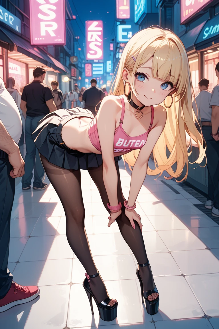 (best quality,4K,8k,high resolution,masterpiece:1.2),super detailed,(actual,realistically,realistically:1.37), Ultra high definition face, Woman posing for photo, ((glossy lip)), attractive girl, jaw-dropping beauty, medium breasts, Thin waist and thick hips, hourglass figure, rosy cheeks, blonde and pink mesh hair, Alluring with a smile, Bokeh, Dynamic Angle, (((Leaning forward:1.2))), close arms, Close-up face:1.5, whole body, From below:1.2, (Correct Anatomy:1.6, Ideal body proportions, The right move:1.5, Small hands), in the disco room