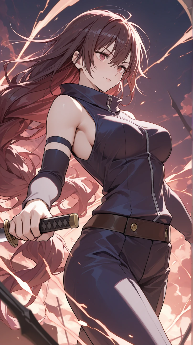 1 female, teacher, wearing a dark red and grey hoodie, bootyshorts, Thicc, dark red hair, long messy hair, light green eyes, face to detail, detailed eyes, the background is a dark room, angry, holding a black chainsaw