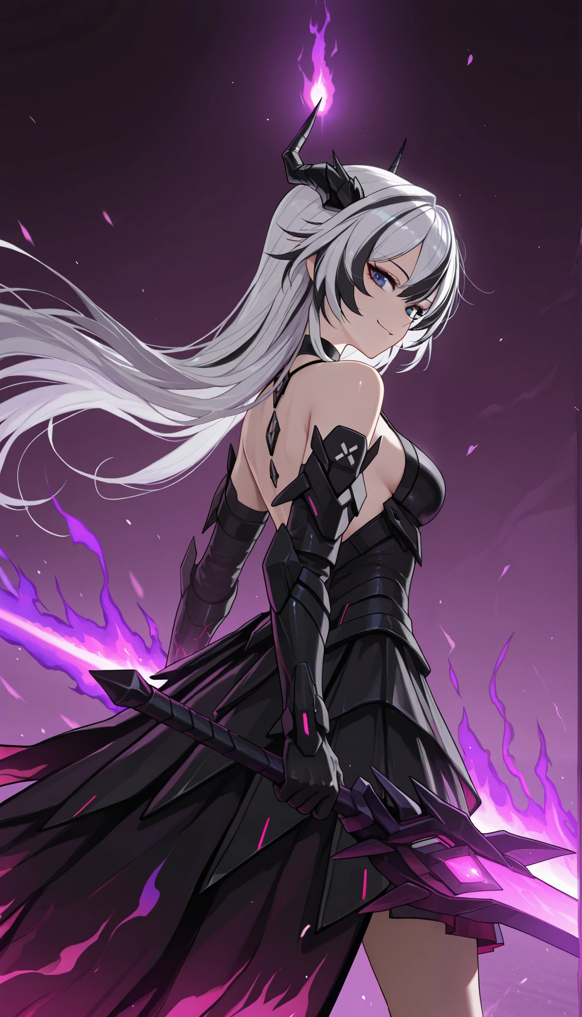 by [|inoitoh||arknights],
1girl, solo, alone, single character, messy background, chaotic background, magic aura background, (from the side, dynamic action, upper body focus, cowboy shot:1.1), KianaHi3, Fol005, Kia_Hof, ((white hair:1.2), black hair streaks, black accents:1.22), dark blue eyes, kiana kaslana, black armor, dragonic armor, halter dress, armored skirt, flowy skirt, burning rainbow cape, wielding a dragon greatsword, purple flames, purple aura, purple flames, soft smile, head tilt, smirk, glancing towards the viewer, side eye,
(mature, exquisite detail, 8k, 4k, sharp focus, ultra-detailed, detailed background, absurdres, best quality, amazing quality, very aesthetic, high resolution, newest, hyper-detailed:0.78)
 