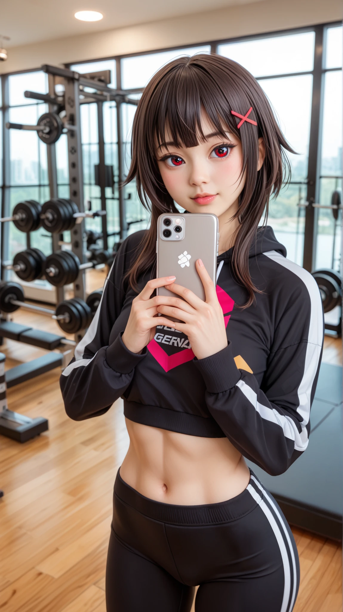 A hyper-realistic portrait of Megumin from Konosuba, reimagined in ultra-detailed realism. She retains her exact anime facial features, with deep crimson eyes, flushed cheeks, and tousled dark brown hair rendered with lifelike textures. She is wearing a stylish black sports outfit with white accents, featuring a tight crop top with long sleeves and high-waisted sweatpants with a white drawstring.
Her pose is confident and modern, leaning on a rack of dumbbells while holding a smartphone with a mysterious geometric case, taking a mirror selfie. Her gaze is intense yet stylish, with subtle glossy lips and well-defined features. The gym background is modern and well-lit, featuring pink neon text on the walls, fitness equipment, and an aesthetic workout atmosphere.
The lighting is cool and ambient, casting soft reflections on the mirrors and enhancing the textures of the clothing. The shot is taken with a Sony A7R IV, 50mm f/1.8 lens, ensuring a sharp and detailed portrait with a smooth background blur. The composition follows a dynamic diagonal perspective, adding depth and realism to the scene. --ar 1:1 --v 6 --style raw --q 2 --stylize 750, asian, korean