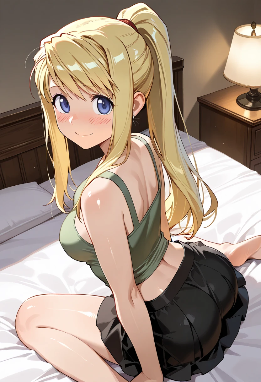 anime girl with long blonde hair and green eyes laying on a bed, small curvy loli, photorealistic anime girl render, a hyperrealistic schoolgirl, hyperrealistic schoolgirl, thicc, seductive anime girl, smooth anime cg art, casual pose, 3d anime girl, realistic anime 3 d style, render of a cute 3d anime girl