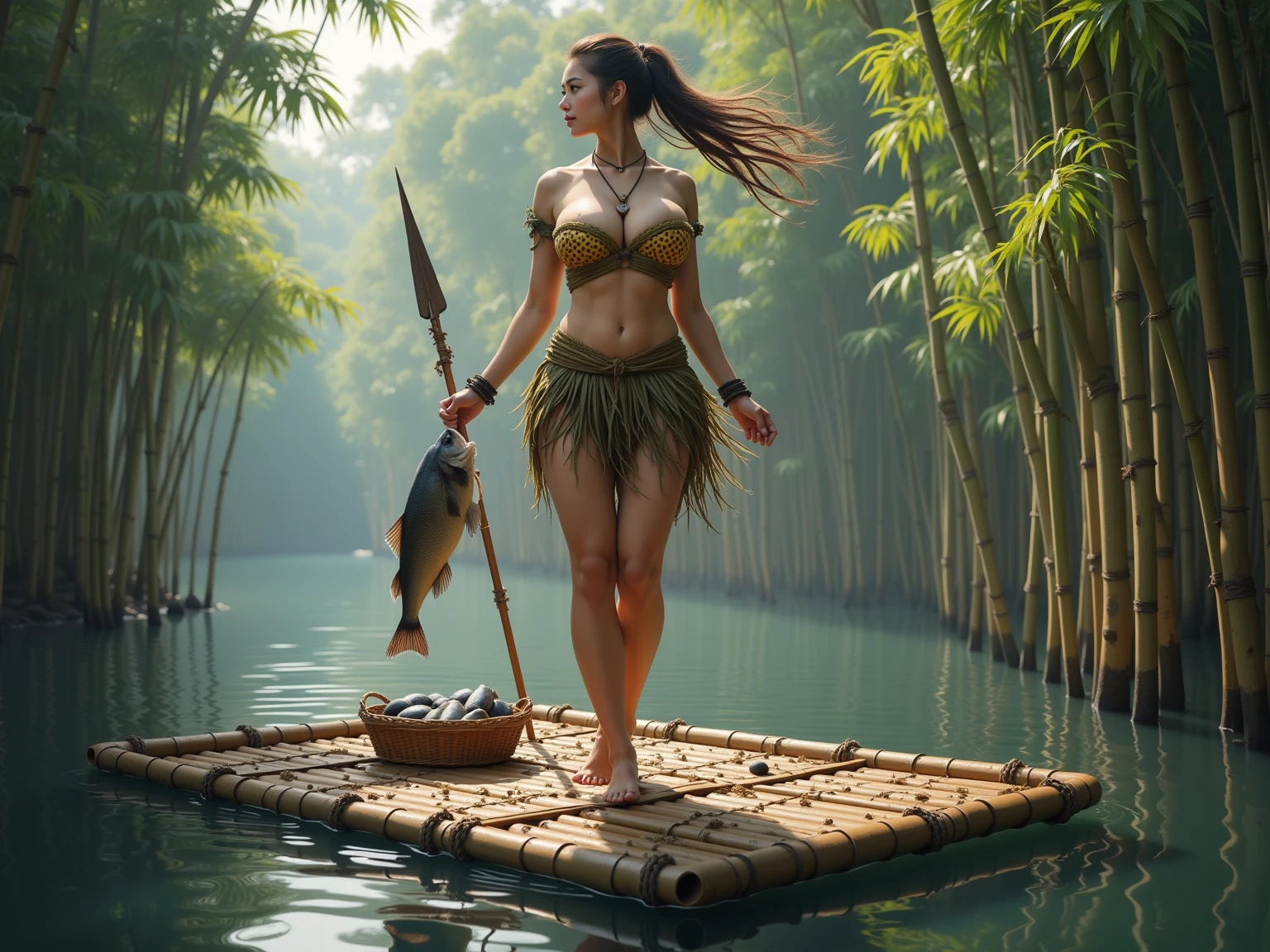 Anime, young female barbaria, stand in water, wild rover, she is fishing using spear, she holds a spear with a fish impaled on it, a hunted fish impaled on a spear