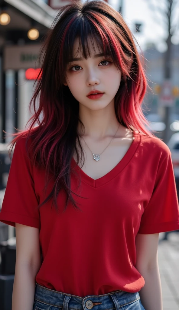 Best Quality Detail:1.2, realisitic, 8K UHD, hight resolution, 1girl in:1.2, The ultra-detailliert, High quality textures, intricate detailes, detaileds, Very detailed CG, High quality shadows, Detail Beautiful delicate face, Detail Beautiful delicate eyes, depth of fields, Ray traching, masterpiece, best quality,ulzzang -6500-v1.1:0.6, pureerosface_v1, Pretty Kpop Girl, Korean Urzan Face:1.1, milf, 28 year old woman,long neon red hair,shiny_skin,thin_waist,huge breasts, pink operational shirt and long cargo pants,socks,nike shoes, night, 4K 8K UHD Full Color RAW Photos, Fuji Film(Medium format:1.2), Hasselblad:1.2, Carl zeiss:1.1, Incredible dynamic range photography(UTIL_Art by Smoose-768:1.1), hight resolution, High pixel count, clear details, crisp image, Natural color reproduction, Noise Reduction, High fidelity, qulity, Software Improvements, Upscaling, Optimized algorithms, Pro-level retouching,crowd:1.1,depth of field,looking at viewer,random pose at the forest haven residence ,random pose, forest haven residence atmosphere,