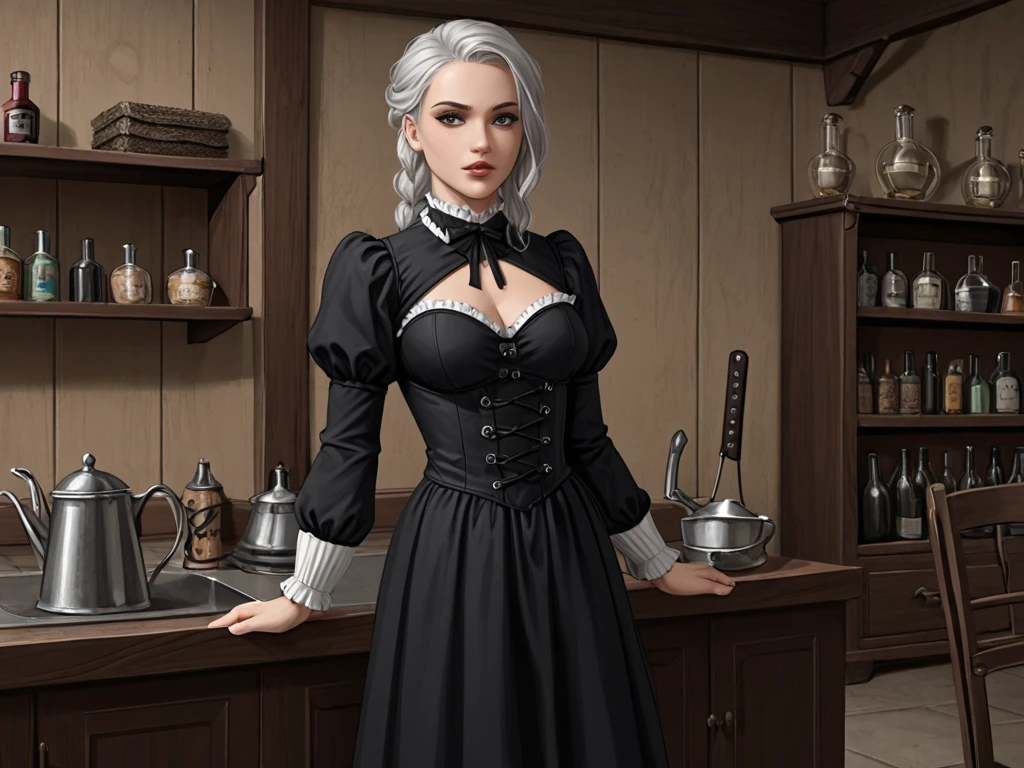 (skindentation:1.5), realistic, photorealistic, (masterpiece:1.5), concept art, intricate details, highly detailed, photorealistic, octane render, 8k, unreal engine, dynamic pose, best quality, highres, ((dramatic)), epic, depth of field, 8k, particles, (realistic face:1.1, hyperrealistic:1.1), ((1girl, close-up, small breasts, perfect eyes, detailed eyes, high quality eyes, perfect_face, high quality face, shiny skin:1.2, shiny face:1.2, embarrassed, blush:0.8)), server, rustic tavern interior in background, pitcher, sign, jovial fantasy atmosphere, detailed background, blurry wooden bar table as foreground, (((silver hair, perfect hands))), ((cleric, priest, high priest, white mitre, cross print on white tabard, elbow gloves, pelvic curtain, earrings, necklace, holding staff))