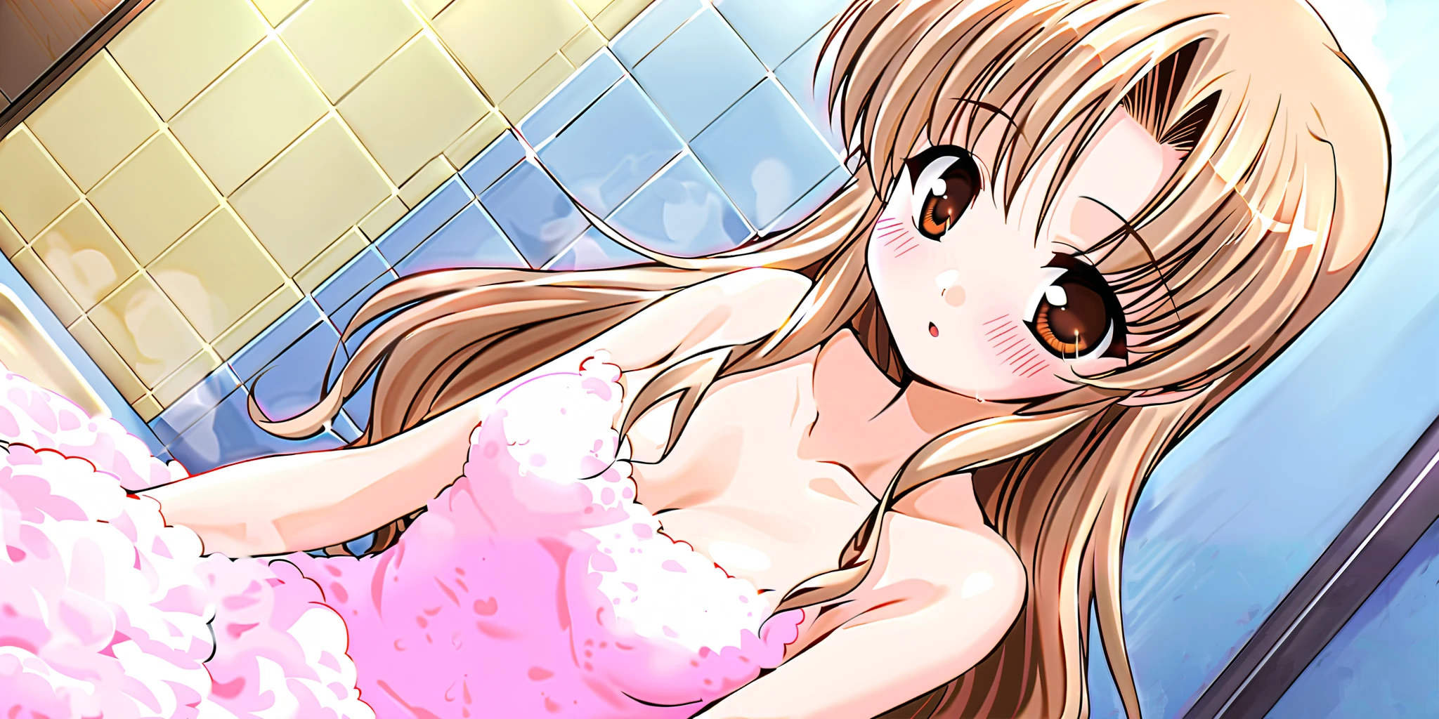 hozumi sayaka, Alone, one girl, (cowboy shot), long hair, brown hair, brown eyes, (wavy hair:0.7), blonde hair, small breasts, cleavage, ( completely naked), (I'm fascinated:1.1), (shy:1.1), (wet:1.2), ( soaking in hot water up to her shoulders ), ( Bubble bath:1.2), (bathroom), score_9, score_8_up , score_7_up , source_anime, best quality