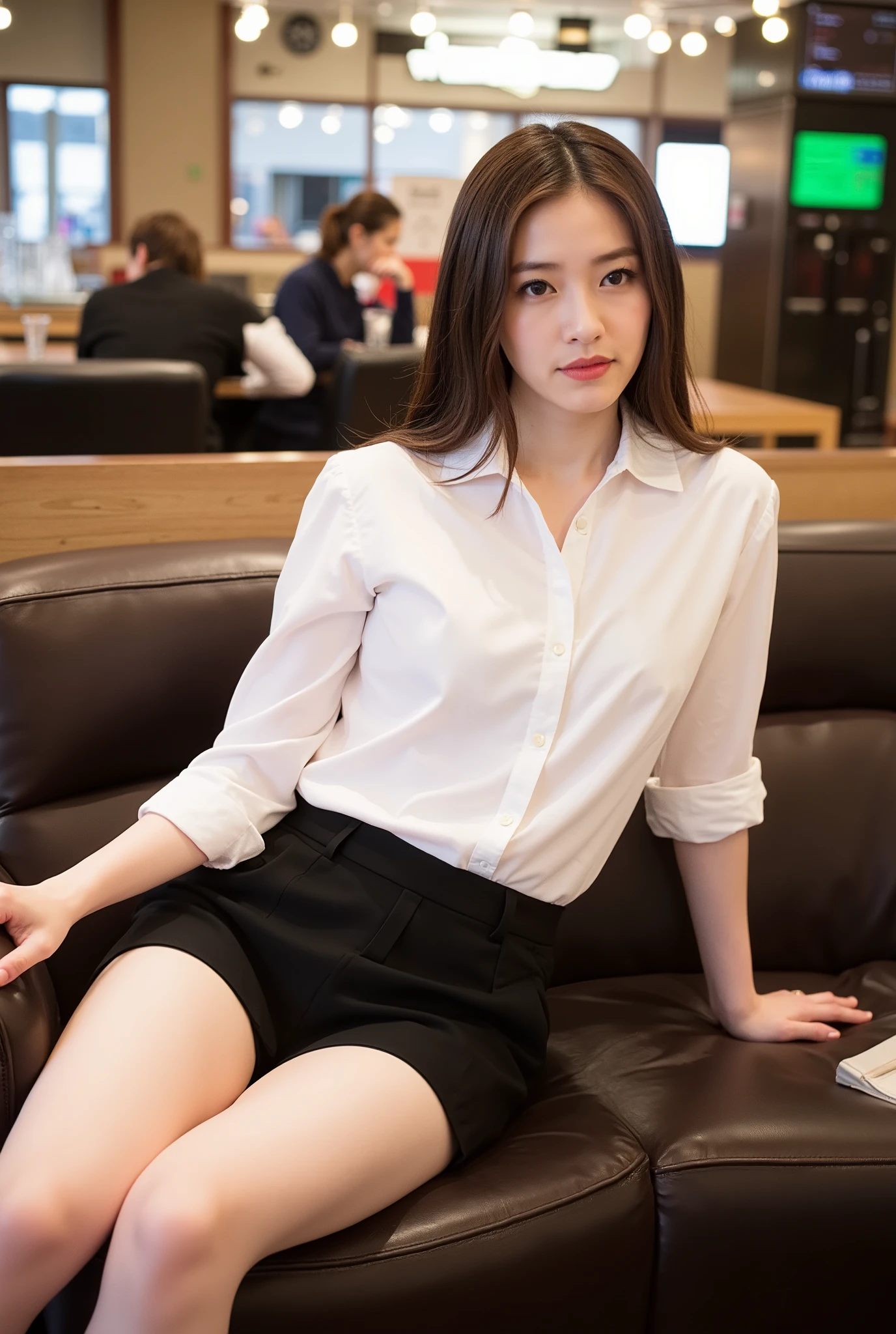 ((Best of the highest quality, 8k, Masterpiece: 1.3, raw photo)), Sharp focus: 1.2, (1 AESPA girl: 1.1), (Solo: 1.18), (realistic, photo-realistic:1.37), face focus, cute face, finely eyes, (Small breasts, flat chest, Thigh: 1.3), full nude, (white business shirt, no panties: 1.2), short messy hair, sitting, terminal, airport, (from below: 1.2)