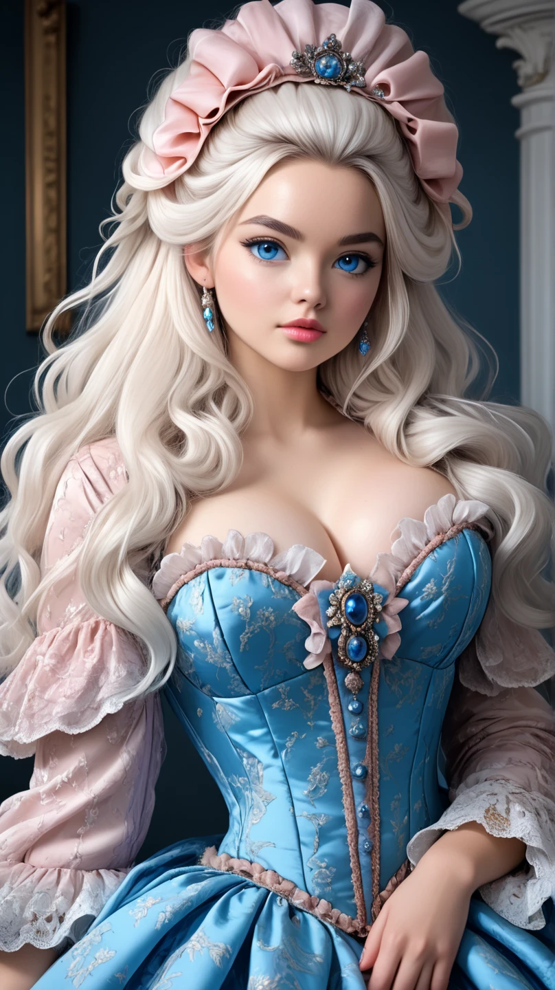 a close up of a woman in a blue dress with a white dress, elegant lady with alabaster skin, inspired by Franz Xaver Winterhalter, curvaceous. detailed expression, biedermeier, john currin, artdoll, 1 7 th century duchess, inspired by Thomas Lawrence, inspired by François Clouet, curvaceous. detailed