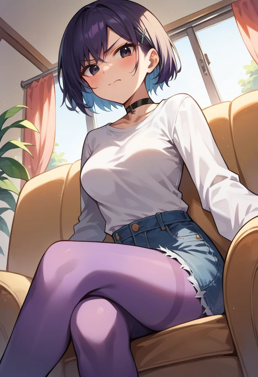 masterpiece, high quality, 8k, beautiful lighting, 1girl, solo, akane, white shirt, t-shirt, blue short, sleeveless, looking at viewer, sitting, bedroom,