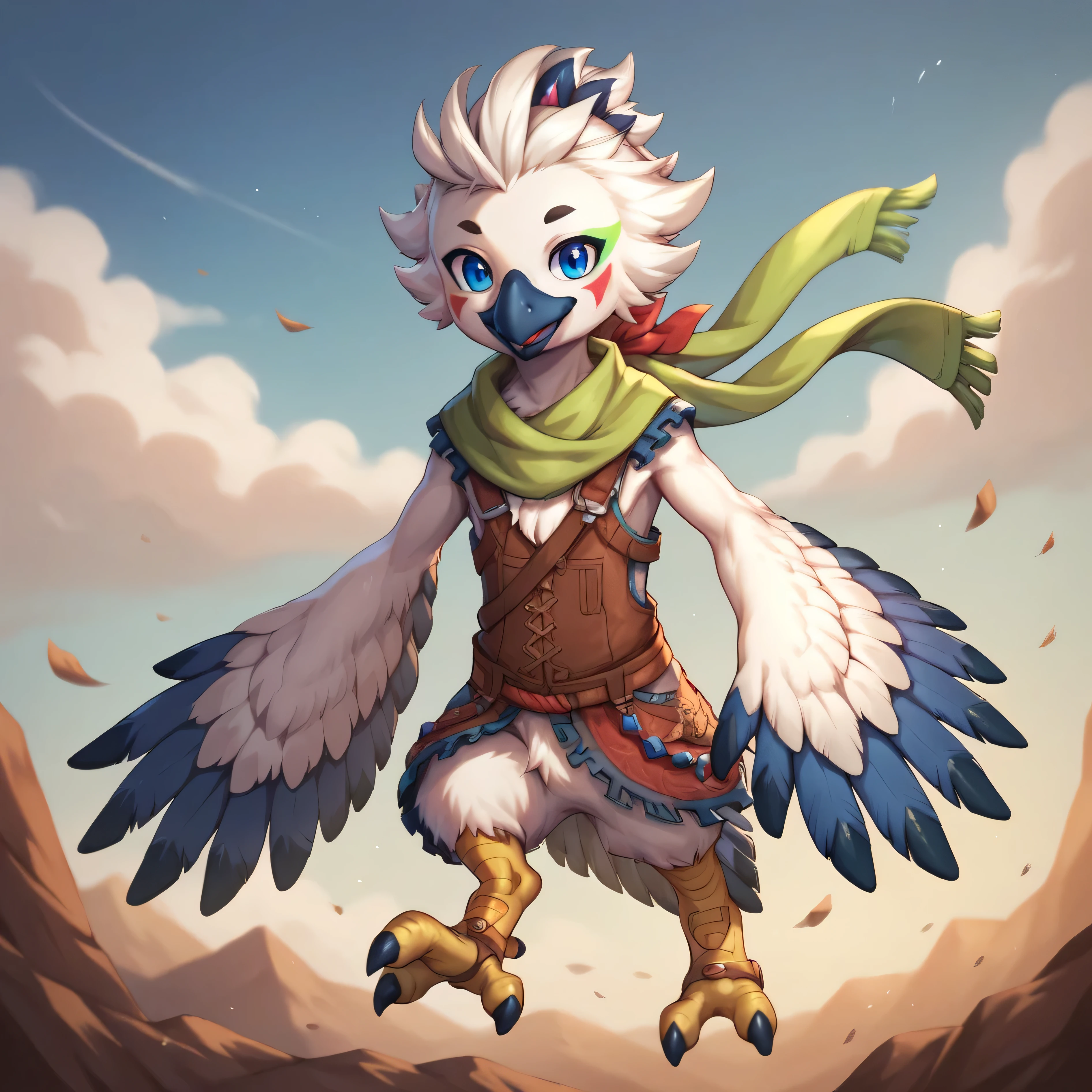 masterpiece, best quality, highly detailed, detailed eyes, detailed face, detailed skin, score_9, score_8_up, score_7_up, full body shot, 1boy, anthro, solo by bonifasko,  tulin, portrait, outside, sky, smiling, hands, talons, animal nose, blue eyes, cool, concentration, action shot, wind effect, face paint, green scarf, young, flying,