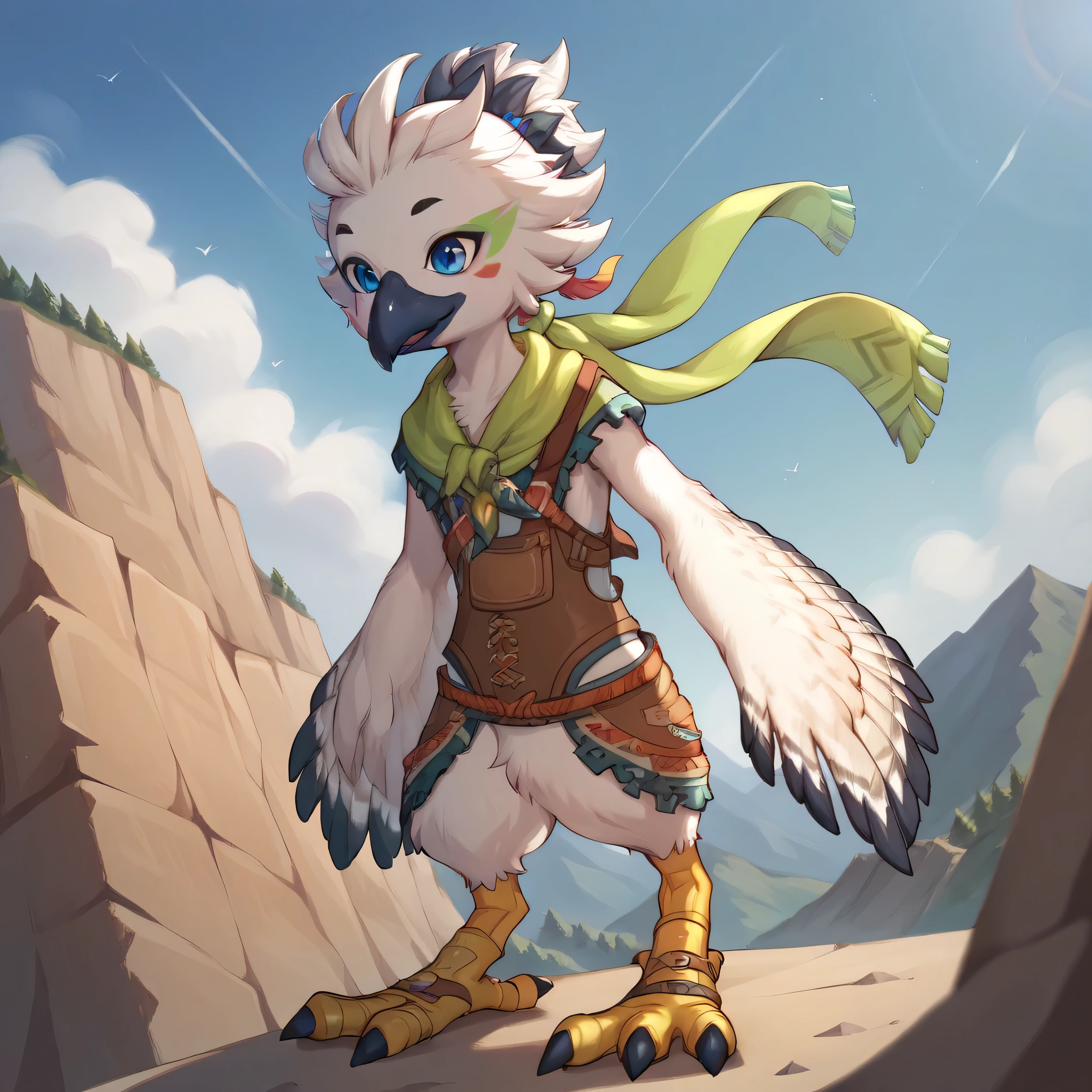 masterpiece, best quality, highly detailed, detailed eyes, detailed face, detailed skin, score_9, score_8_up, score_7_up, full body shot, 1boy, anthro, solo by bonifasko, tulin, portrait, outside, sky, smiling, hands, talons, animal nose, blue eyes, cool, concentration, action shot, wind effect, face paint, green scarf, young, flying, mountain below in background,