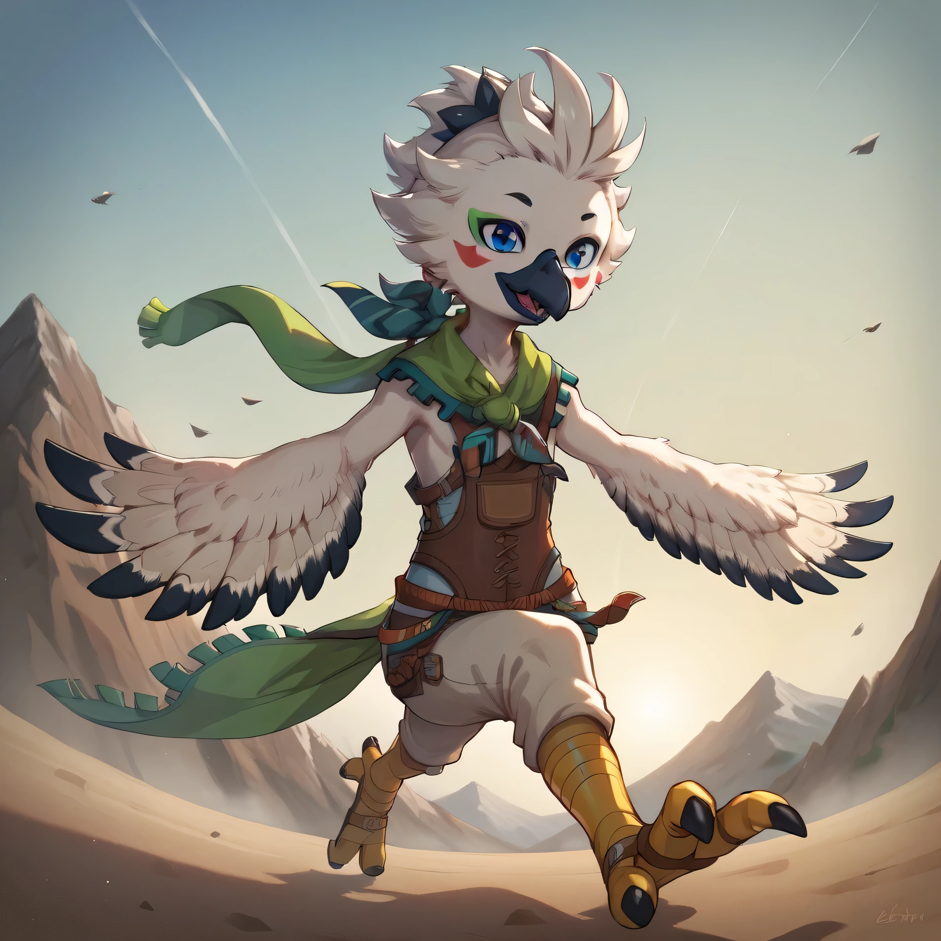 masterpiece, best quality, highly detailed, detailed eyes, detailed face, detailed skin, score_9, score_8_up, score_7_up, full body shot, 1boy, solo, anthro, tulin, portrait, outside, sky, smiling, concentrated, hands, talons, animal nose, blue eyes, cool, action shot, wind effect, face paint, green scarf, young, running, flapping arms, mountain below in background,