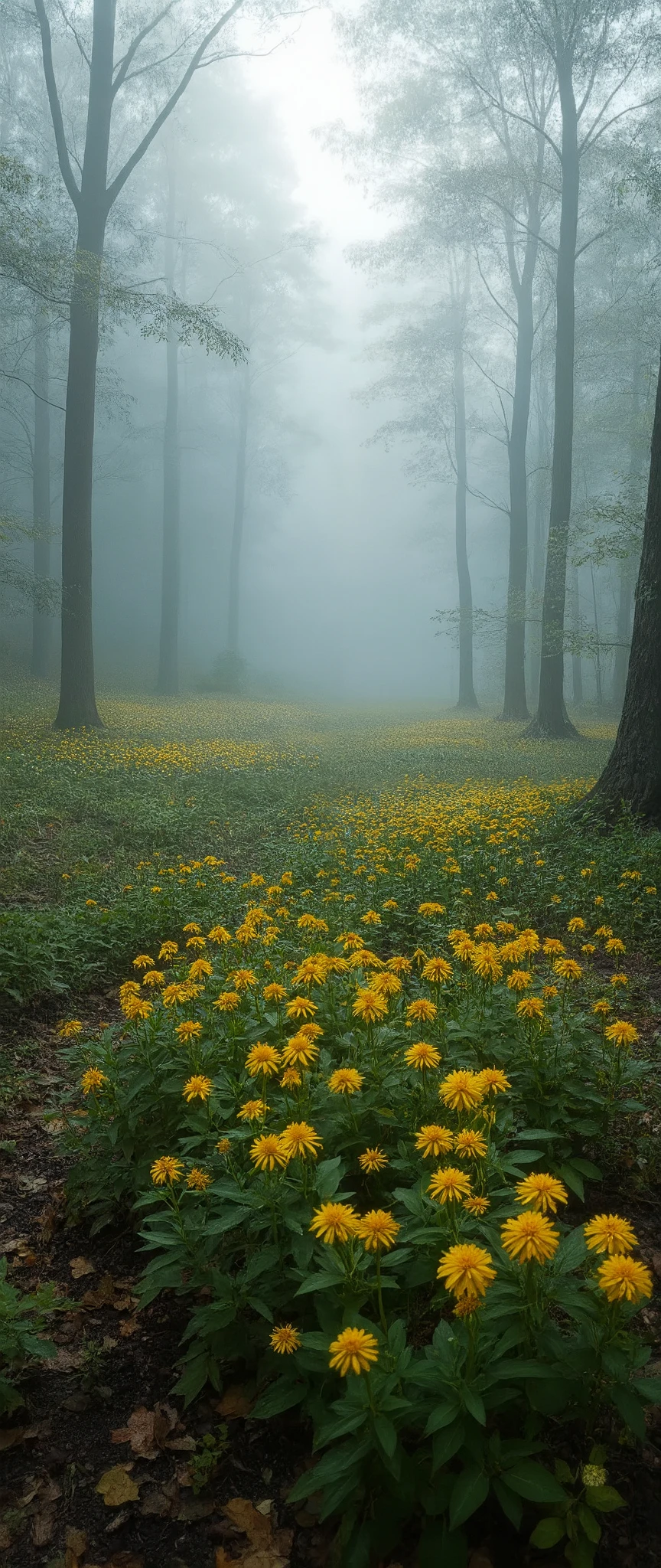 There is a field of yellow flowers in the middle of a forest - SeaArt AI