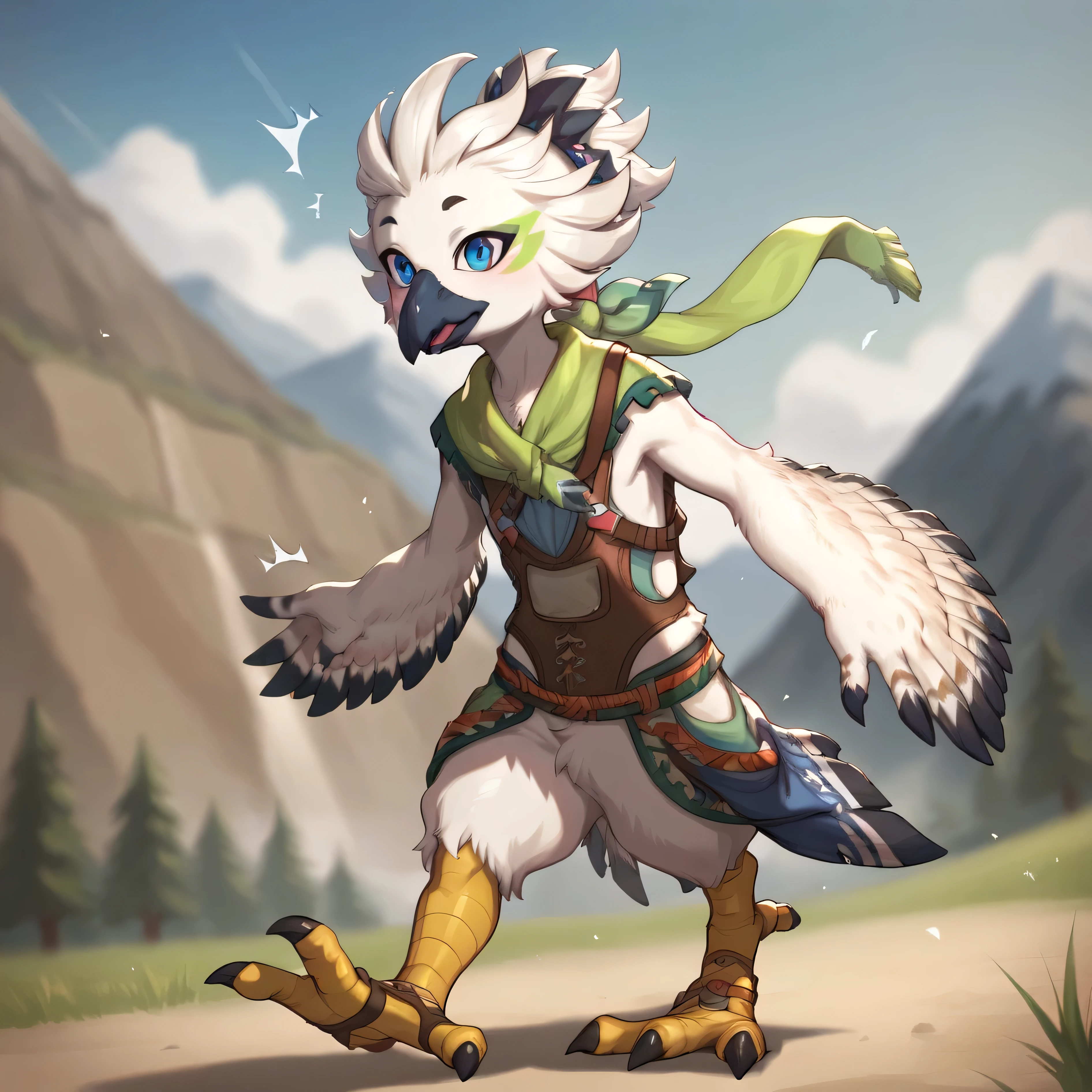 masterpiece, best quality, highly detailed, detailed eyes, detailed face, detailed skin, score_9, score_8_up, score_7_up, full body shot, 1boy, solo, anthro, tulin, portrait, outside, sky, looking at viewer, surprised, hands, talons, animal nose, blue eyes, cool, action shot, wind effect, face paint, green scarf, young, running, flapping arms, mountain below in background,