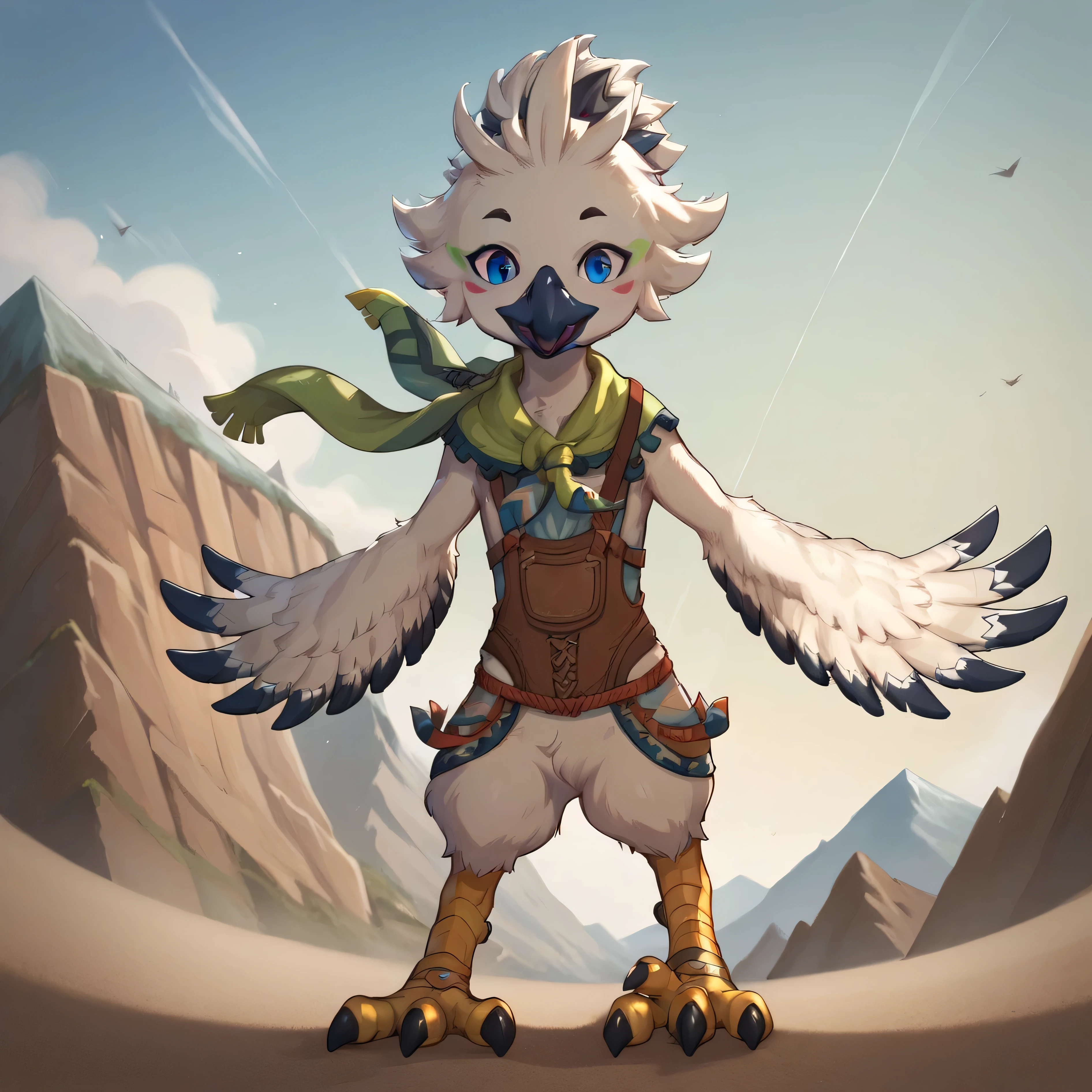 masterpiece, best quality, highly detailed, detailed eyes, detailed face, detailed skin, score_9, score_8_up, score_7_up, full body shot, 1boy, solo, anthro, tulin, portrait, outside, sky, looking at viewer, surprised, hands, talons, animal nose, blue eyes, cool, action shot, wind effect, face paint, green scarf, young, running, flapping arms, mountain below in background,
