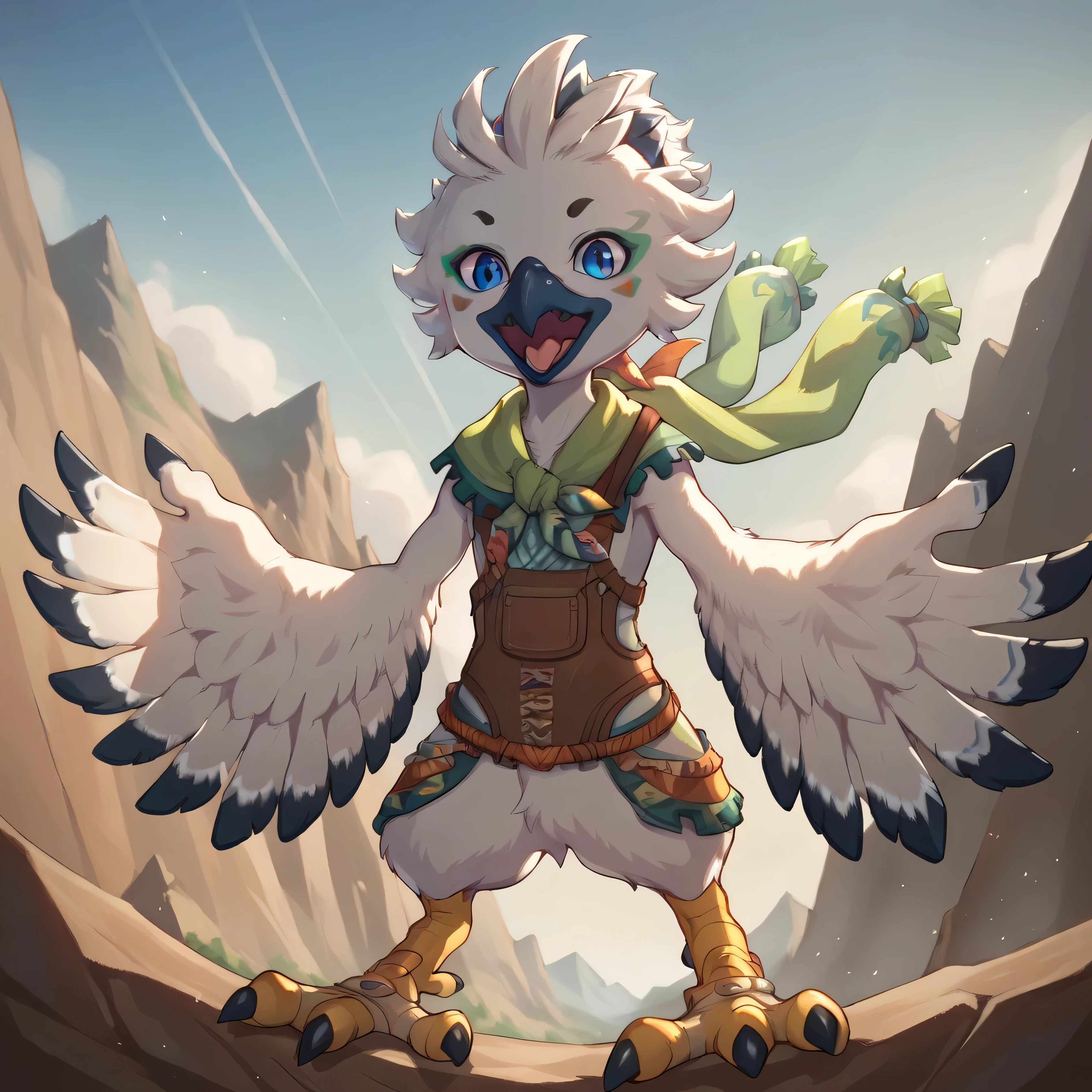 masterpiece, best quality, highly detailed, detailed eyes, detailed face, detailed skin, score_9, score_8_up, score_7_up, full body shot, angled front view, 1boy, solo, anthro, tulin, portrait, outside, sky, looking at viewer, shocked, yelling, open mouth hands, talons, animal nose, blue eyes, cool, action shot, wind effect, face paint, green scarf, young, fleeing, flapping arms, mountain below in background,
