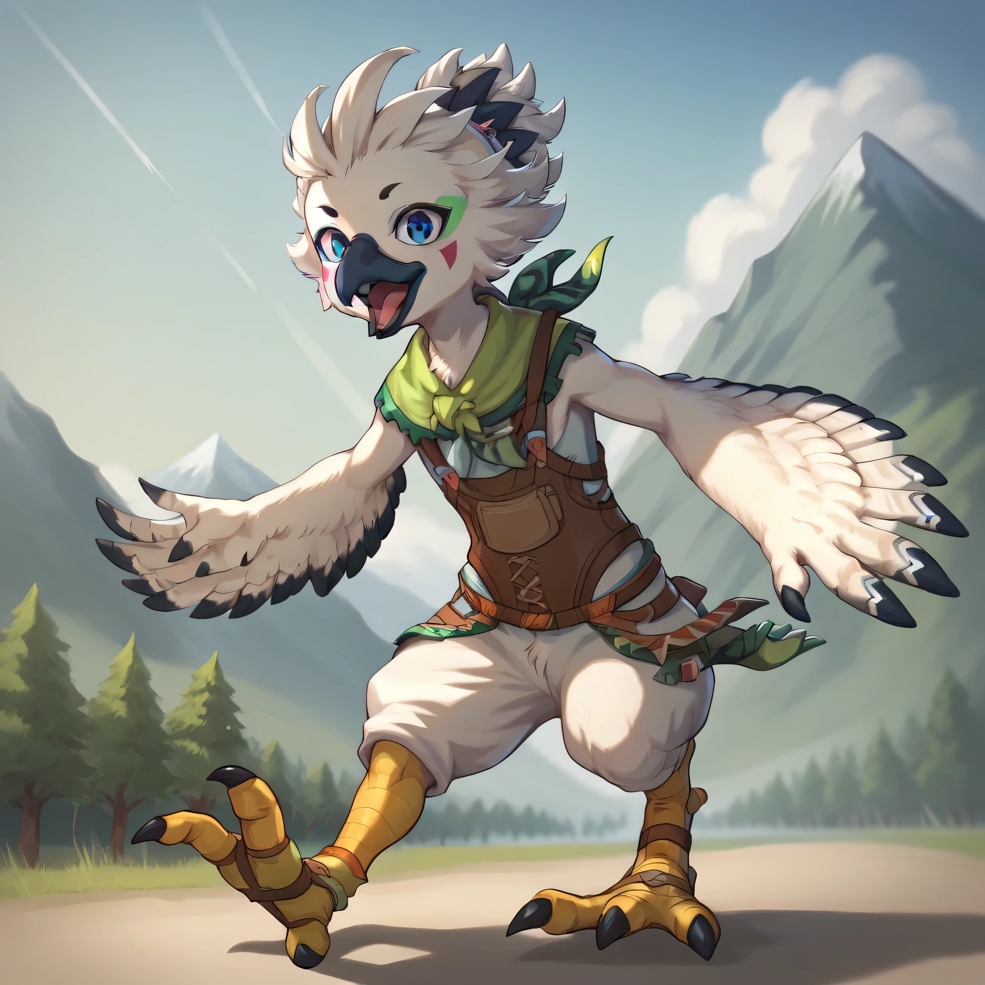 masterpiece, best quality, highly detailed, detailed eyes, detailed face, detailed skin, score_9, score_8_up, score_7_up, full body shot, angled view, 1boy, solo, anthro, tulin, portrait, outside, sky, looking at viewer, shocked, yelling, open mouth hands, talons, animal nose, blue eyes, cool, action shot, wind effect, face paint, green scarf, young, running, fleeing, flapping arms, mountain below in background,