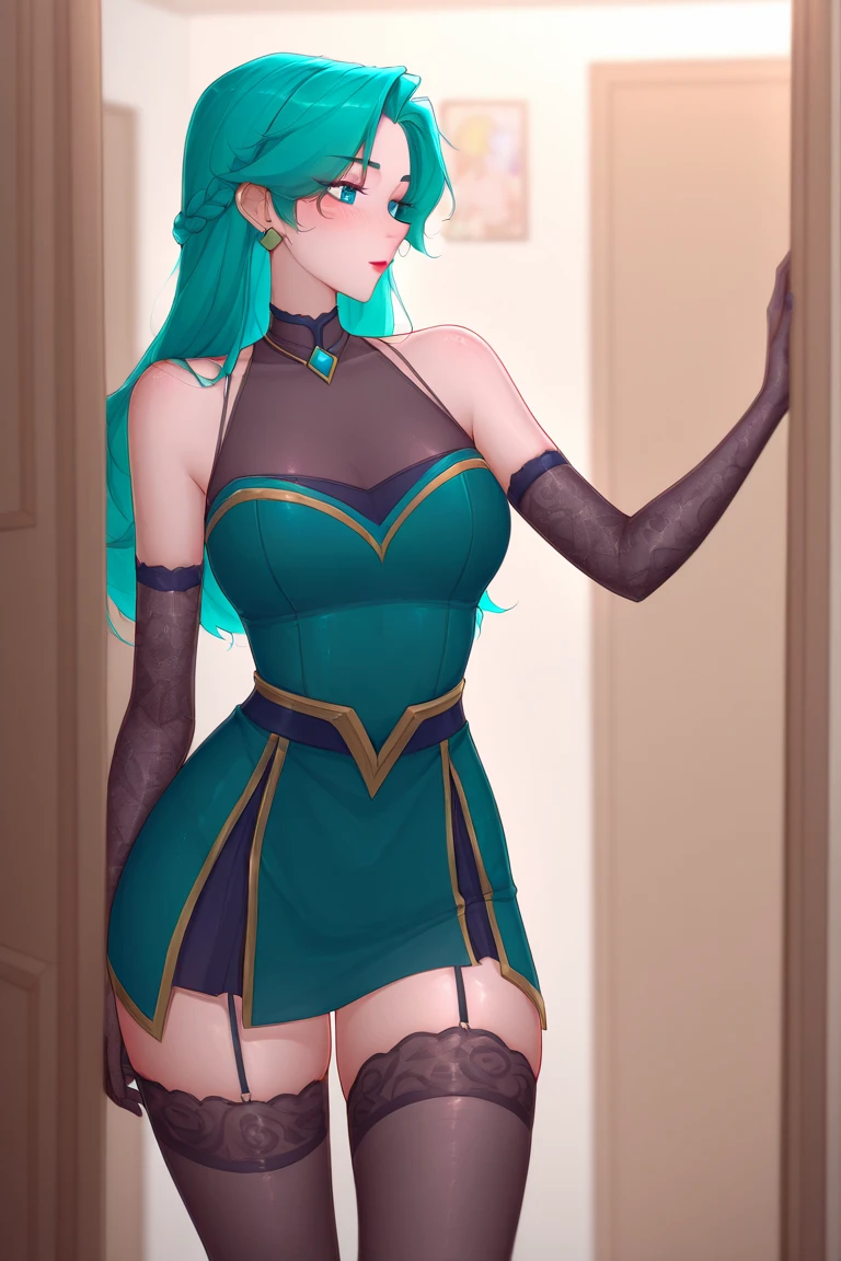 ((full body photo)), Princess Zelda in hybrid maid costume and Mega Man-X+ (black: 10.0), XL bust, very tight clothes on her body, she is exhibitionist, she is in a hotel all broken with the bed totally covered in blood, she has green hair, blue eyes, she is looking at the viewer with a macabre smile on her face,   she's holding an exorcism artifact in her right hand, Anime-style, Unreal Engine 5, Mortal Kombat, Masterpiece, (16k:1.5)