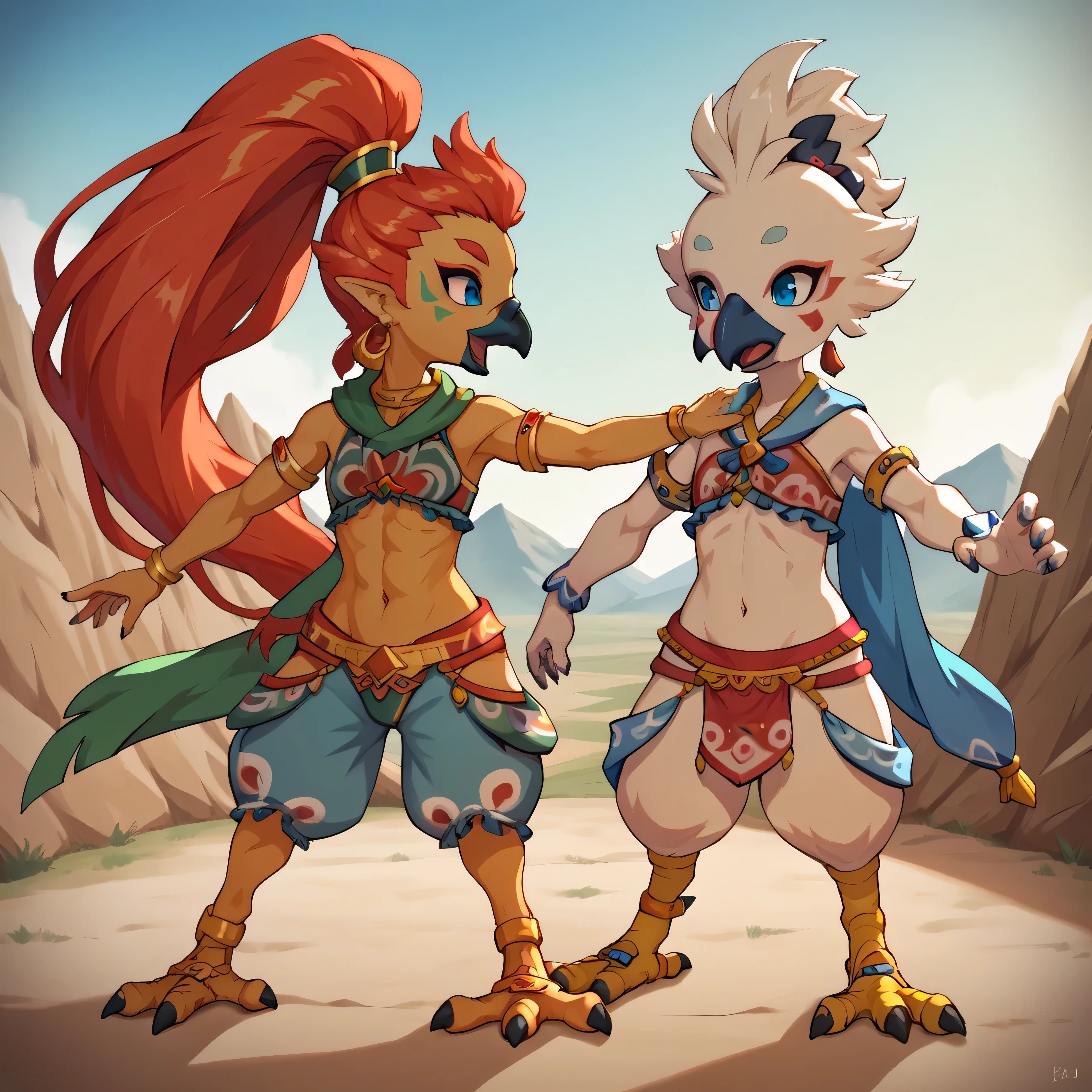 masterpiece, best quality, highly detailed, detailed eyes, detailed face, detailed skin, score_9, score_8_up, score_7_up, full body shot, angled view, 1boy, 1girl, duo, anthro, tulin, portrait, outside, sky, looking at each other, shocked, open mouth, hands, talons, animal nose, blue eyes, cool, action shot, wind effect, face paint, green scarf, young male, tall female, on mountain, gerudo, long hair, ponytail, jewelry,
