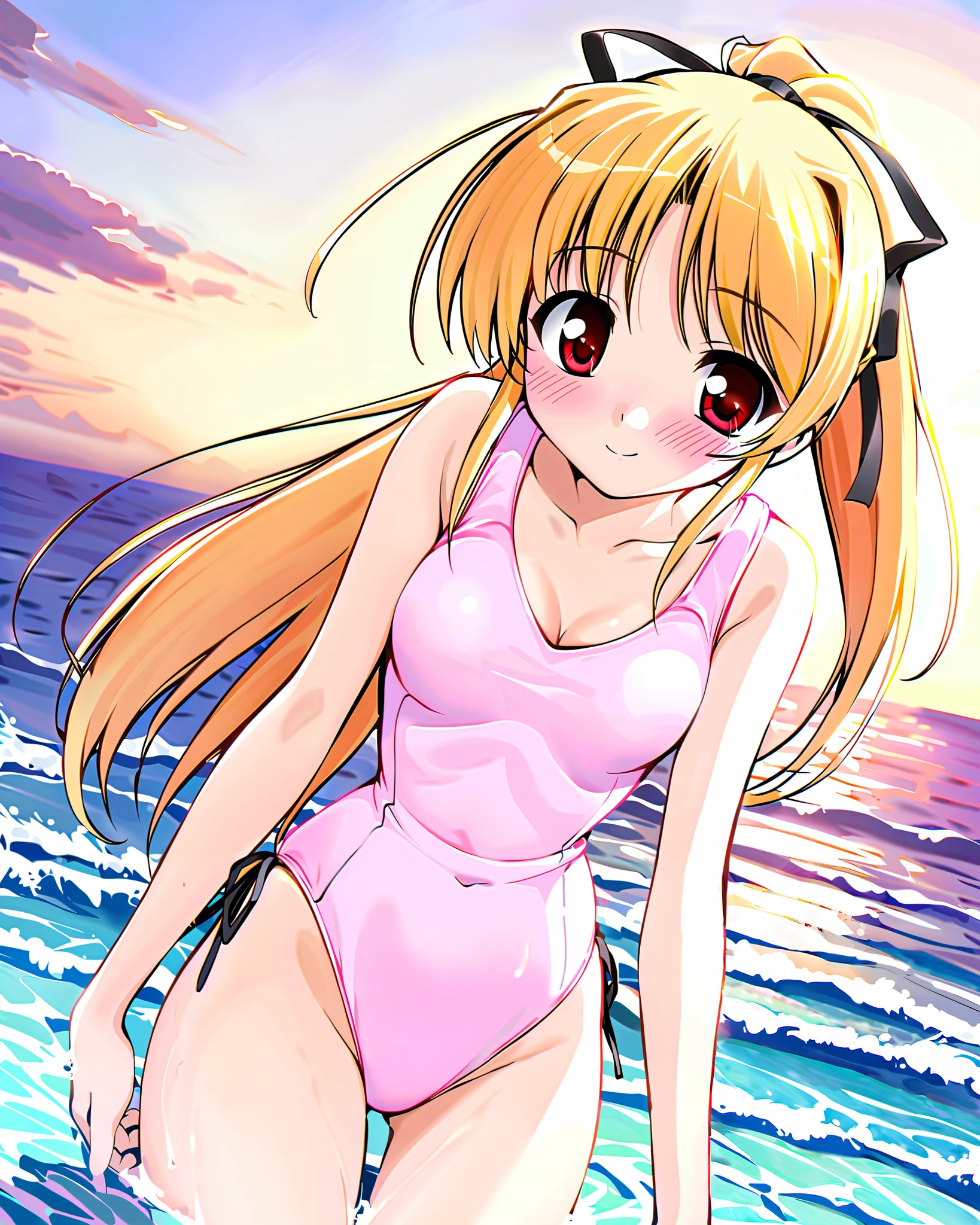 cynthia marguerite, Alone, (cowboy shot), blonde hair, red eyes, ponytail, long hair, hair ribbon, small breasts, cleavage, (Cute pink one piece swimsuit), (blushes), (shy:1.1), (smile), (sea), (Playing in the water), score_9, score_8_up , score_7_up , source_anime, best quality