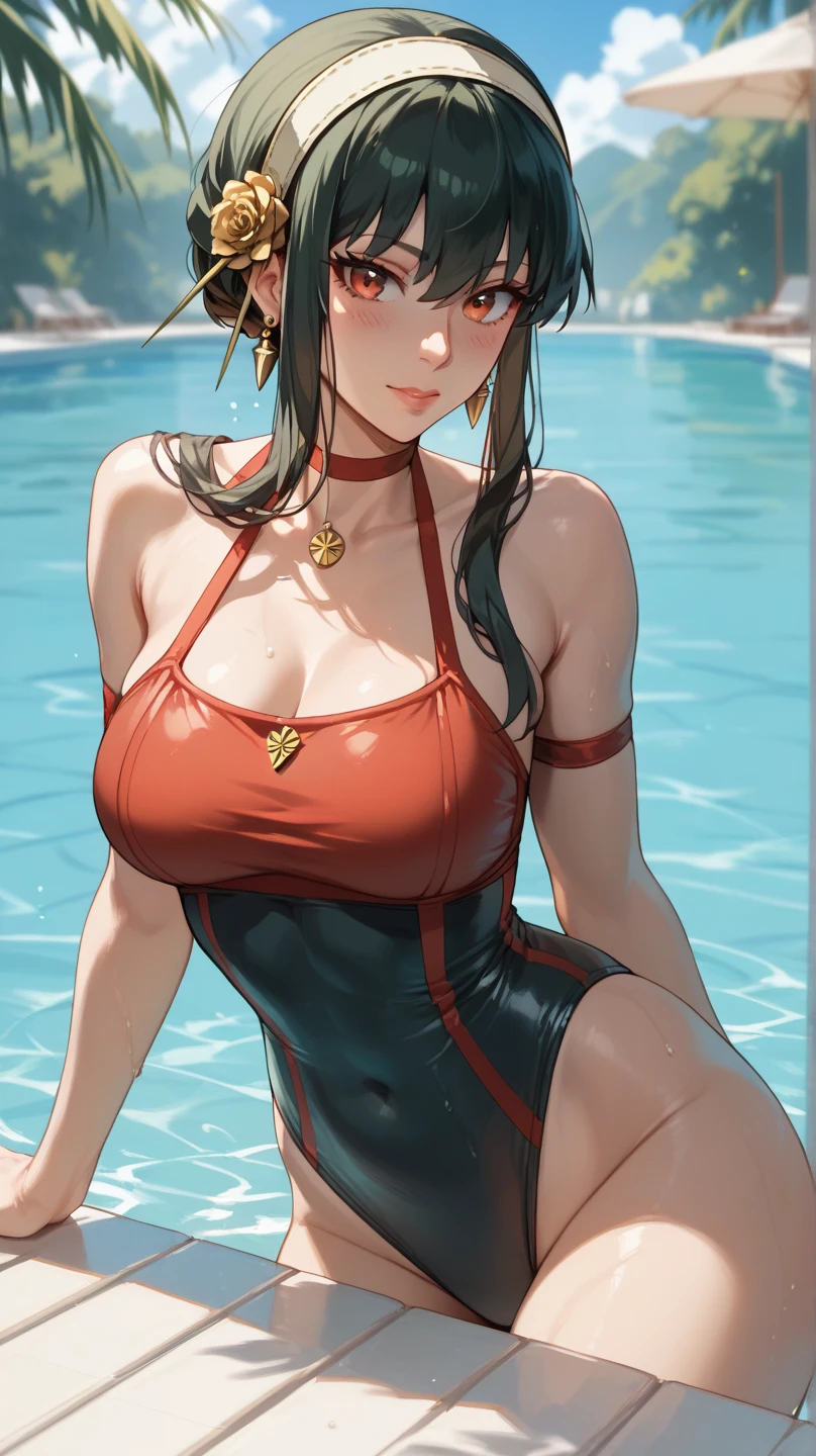 [justTNP] Mamako Oosuki | Do You Love Your Mom and Her Two-Hit Multi-Target Attacks? leather collar(Best quality, 4k, Masterpiece :1.3), full body standing symmetrical beautiful woman, hyper realistic, 1girl, (drooping breasts, attractive body :1.2), sit-ups :1.1, short red hair: 1.1, (wet rainy, wet by rain, wet body :1.2), ultra-detailed face, detailed lips, detailed eyes, double eyelid, low-necked dress, open neckline, hanging breasts, side pose, visible curves, pool , poolside, red transparent robe, red sunglasses, muscular turned arms behind body, leather collar, golden bracers