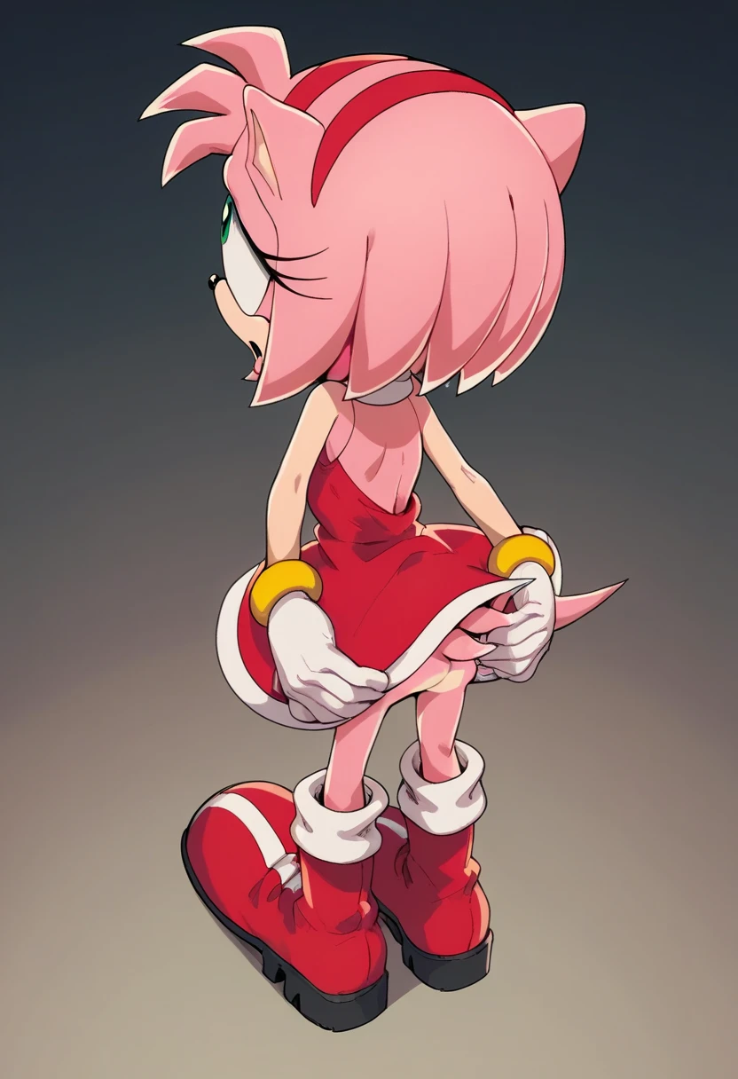 score_9,score_8_up,score_7_up,source_cartoon,source_anime,source_furry,expressiveh,amy rose,by sonic team,red dress,white gloves,red boots,hand on hip,thumbs up,solo,skinny,blank background,open mouth,smile,upskirt,bending over,from behind,cute ass,smooth pussy,clitoris,plump pussy,anus,powerpuff,wet pussy,good hand,