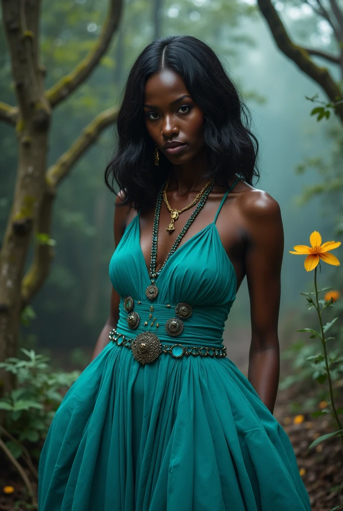 Girl about 25 years old, African american, The Forest Witch, big eyes, with long hair, ethnic tattoos, a little bit sad, stands against the backdrop of a garden with roses, dressed in a green silk translucent dress with a deep neckline, Holding a lily in your hands. Evening, The light is on. gotik, Dark, Fine art painting, cinema, 8K