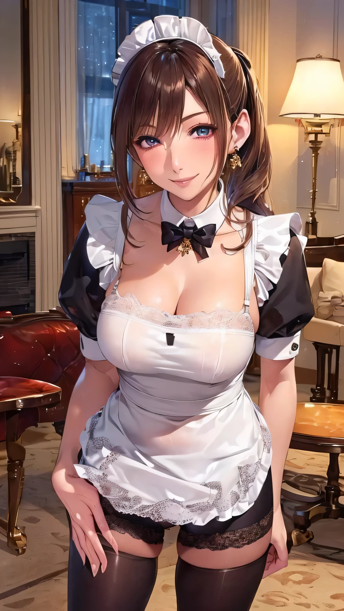 ((correct anatomy)),((smile)),((loafers)),((lace panties with i face)),(( standing position )),(((Maid clothes with a sense of cleanliness))),(()),(()),((black tights)),(()), ultra high definition , mature women, mature women, very well detailed, (()), perfect hands with full nudity, detailed finger, beautiful detail,((length, long hair)),((ponytail)),(()),earrings, Perfect Eyes, seductive eyes,luxury
